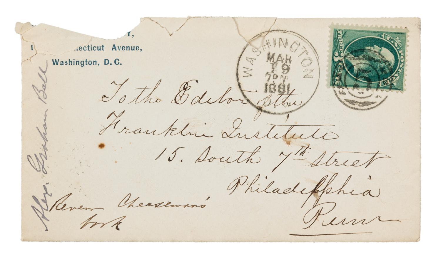 BELL, Alexander Graham. Letter signed ("Alexander Graham Bell"), to the Editor of the Journal of the Franklin Institute, 19 March 1881.