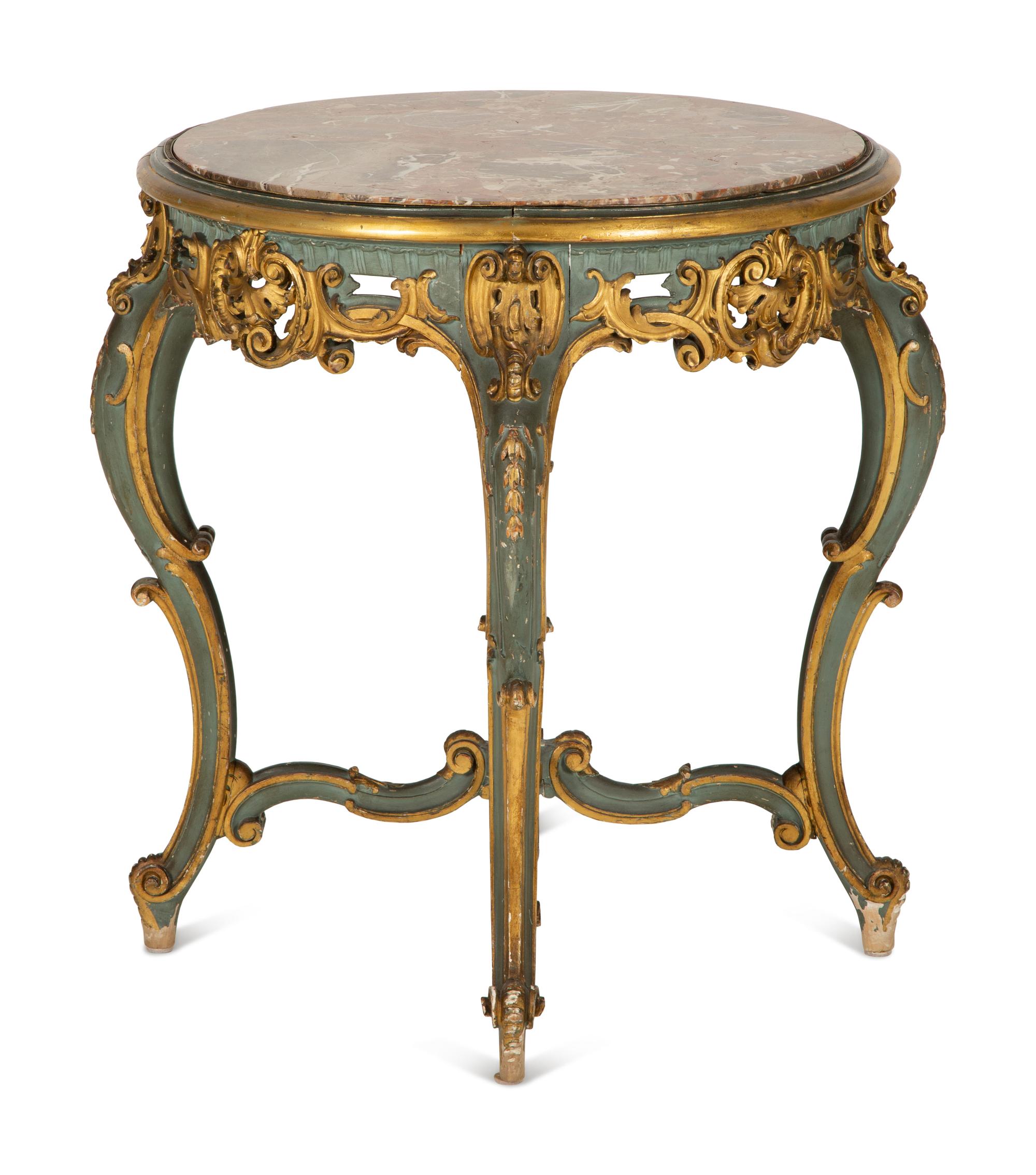 An Italian Rococo Style Painted and Parcel Gilt Marble-Top Table