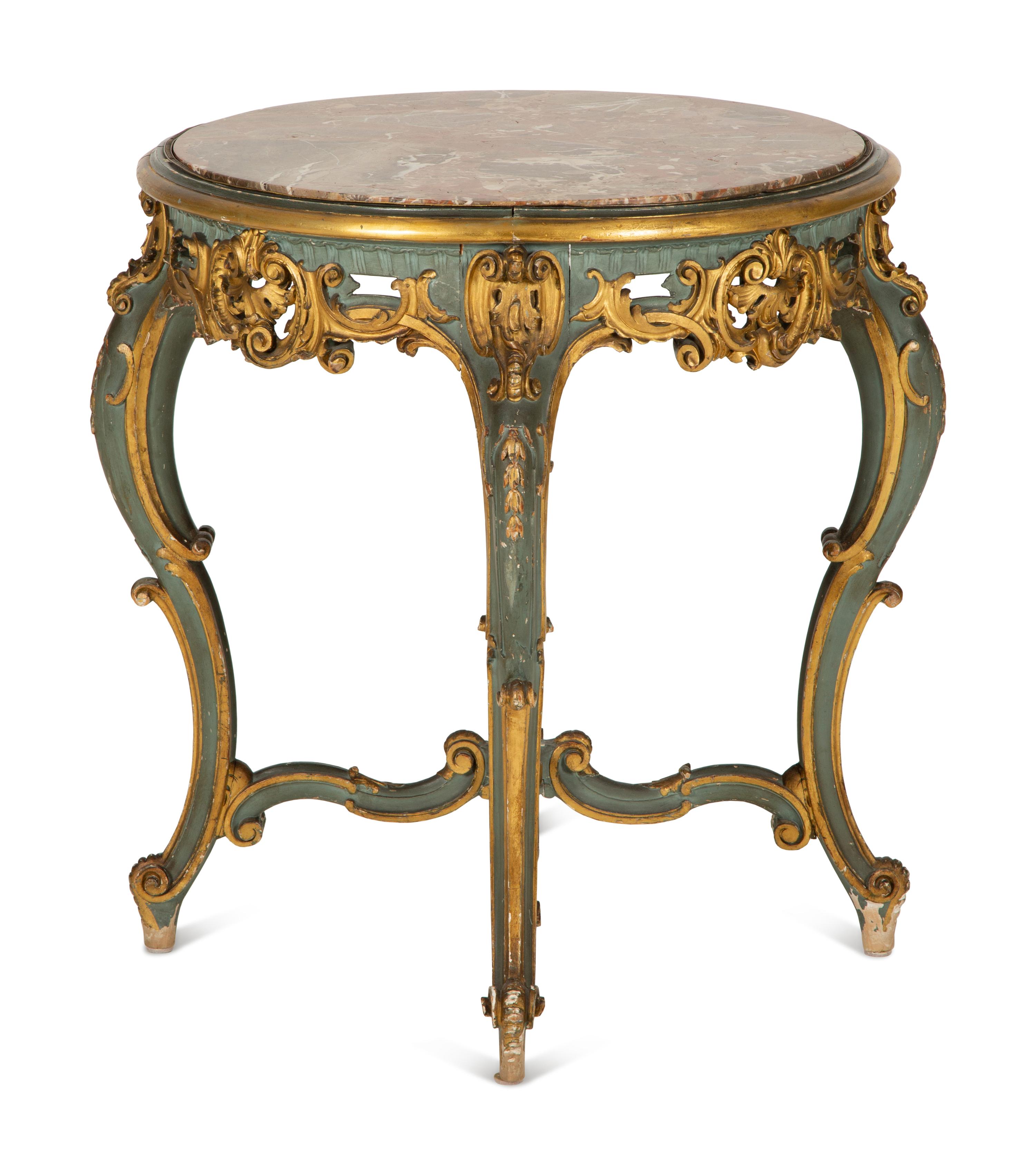 An Italian Rococo Style Painted and Parcel Gilt Marble-Top Table