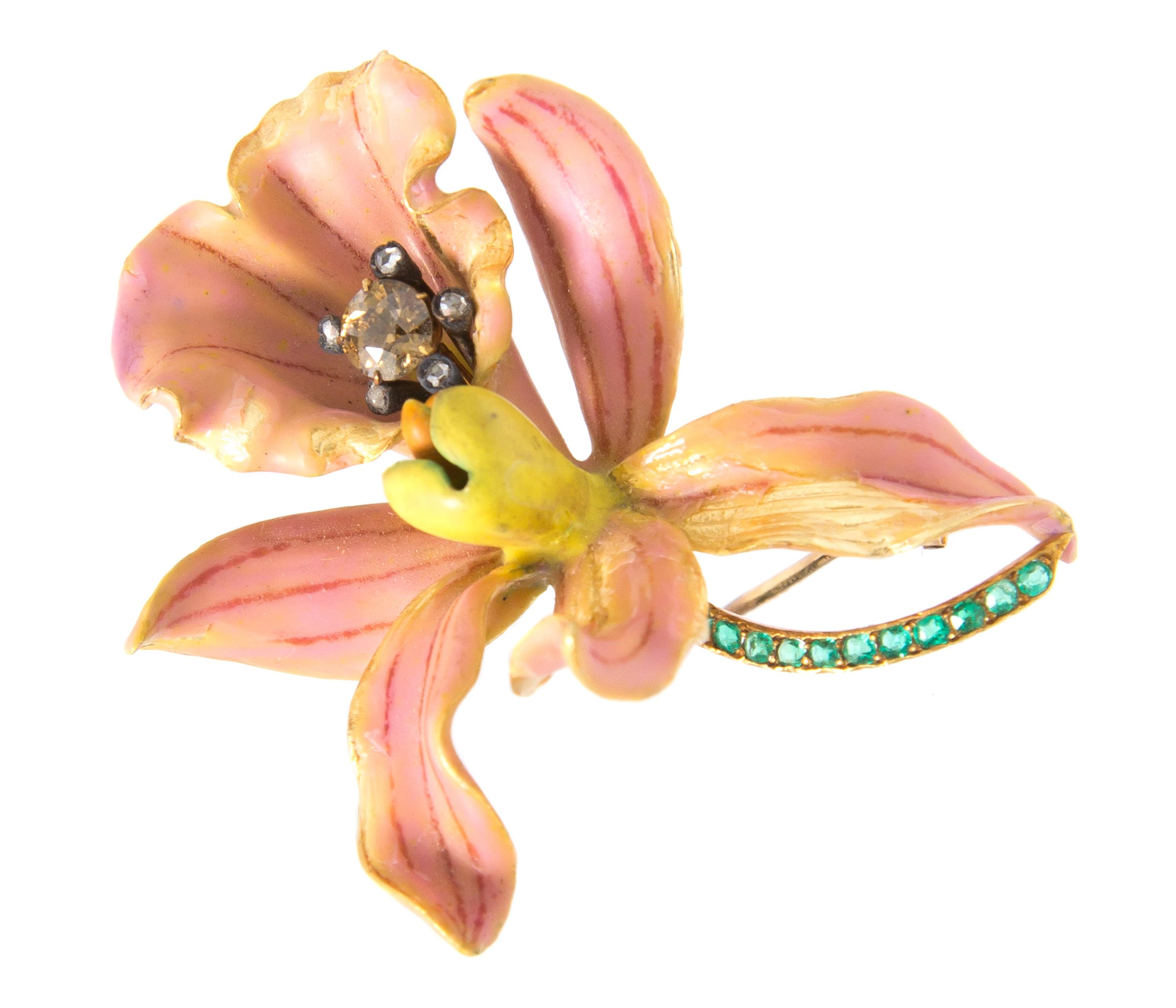 An Art Nouveau Yellow Gold, Polychrome Enamel, Diamond and Emerald "Style No. 4: Calanthe Veitchii" Orchid Brooch, Paulding Farnham for