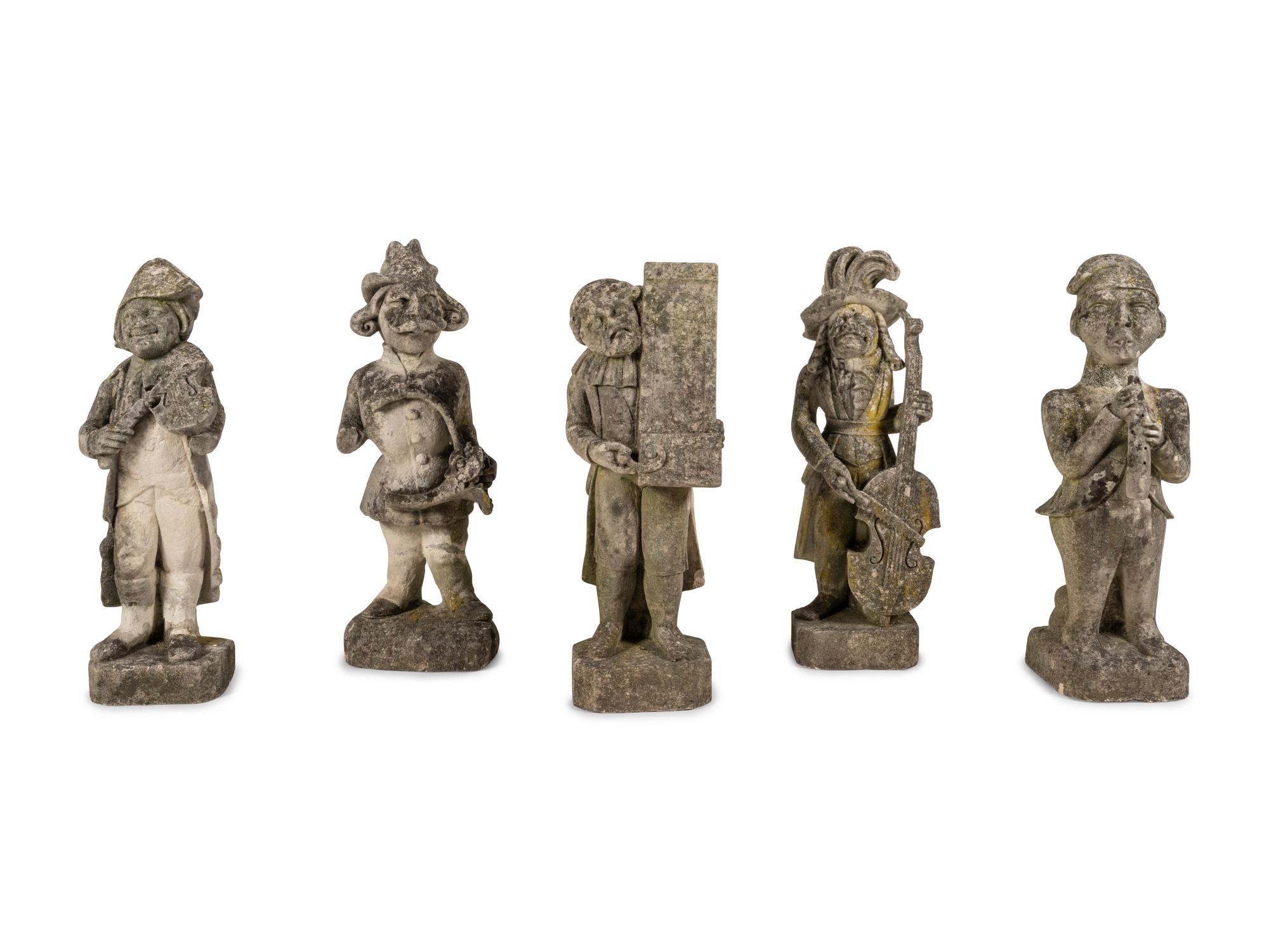 Five French Limestone Garden Figures of Musicians