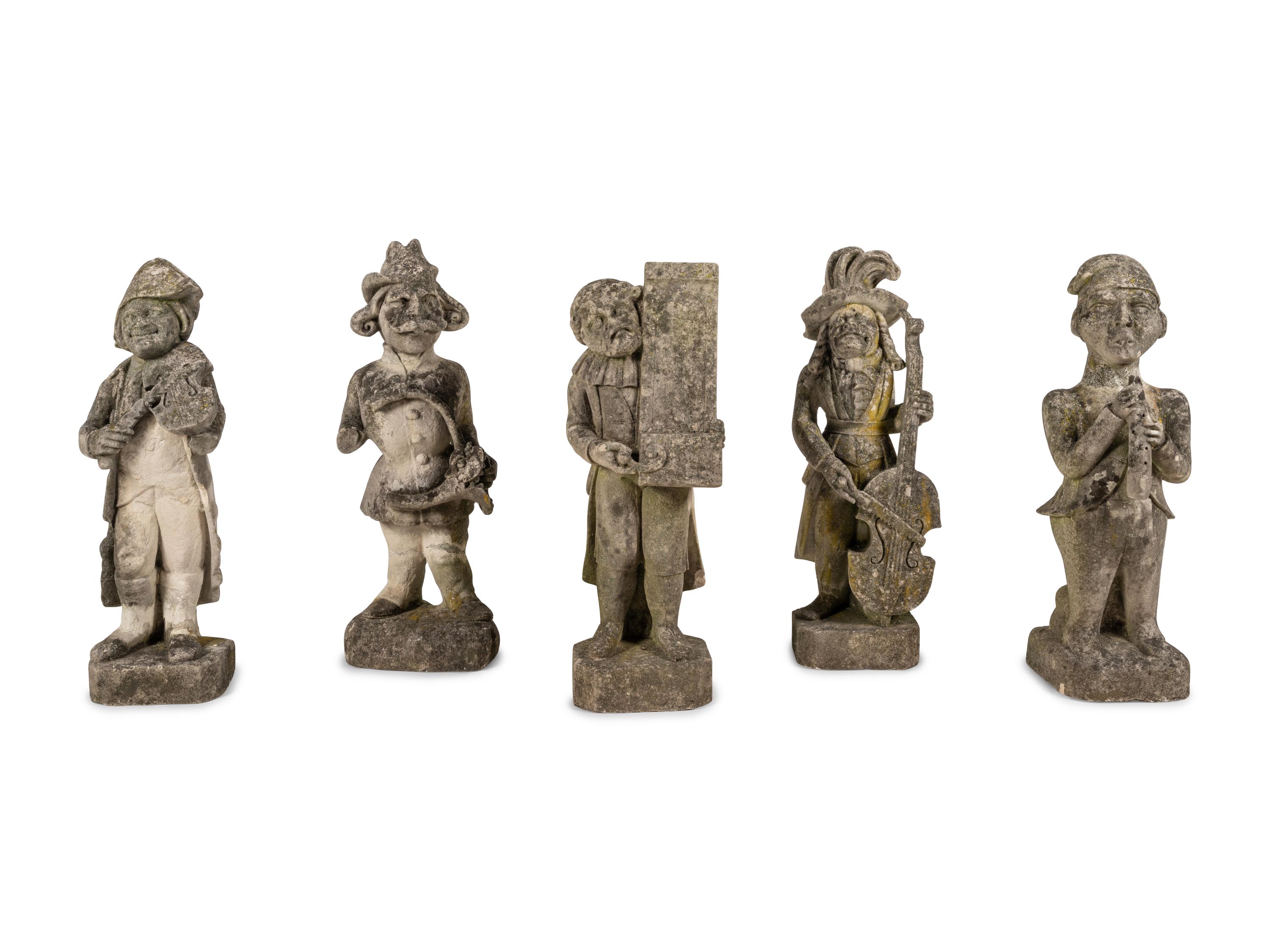 Five French Limestone Garden Figures of Musicians