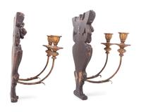 A Pair of French Carved Walnut and Giltwood Two-Light Sconces