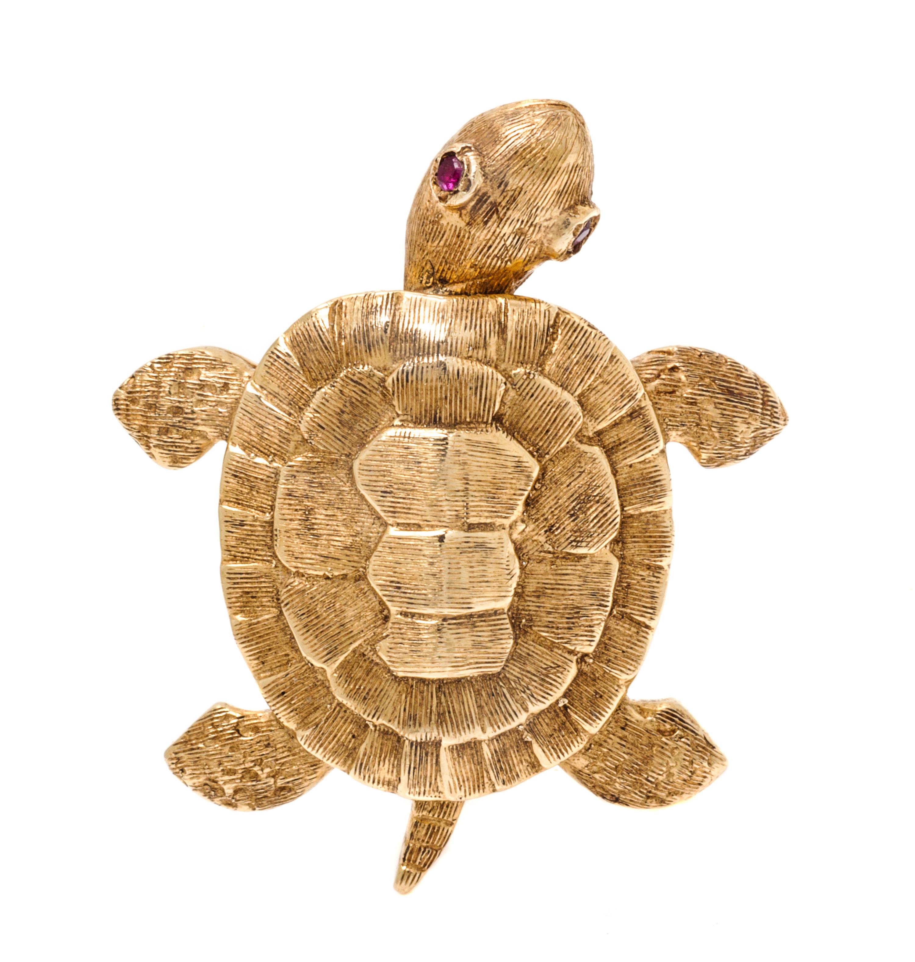 A 14 Karat Yellow Gold and Ruby Articulated Turtle Brooch, 7.40 dwts.