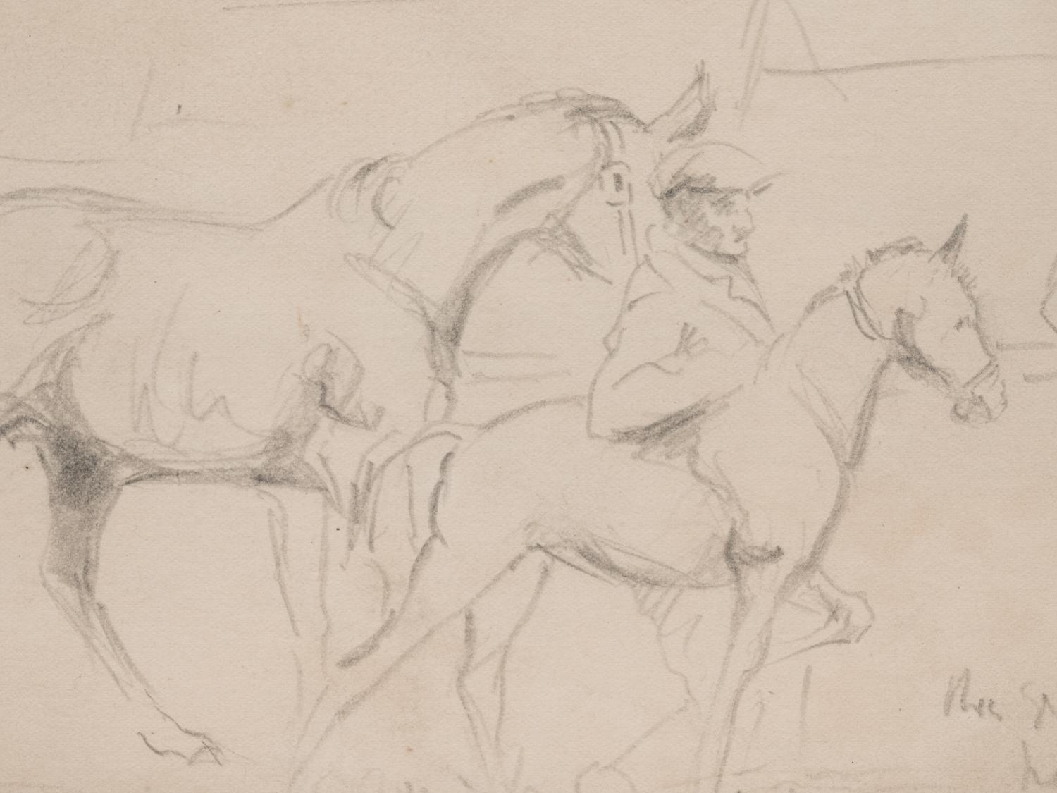 A Mare and Foal with a Groom and a Figure in the Background at Newmarket Sales