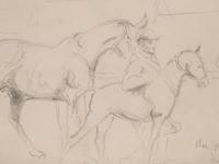 A Mare and Foal with a Groom and a Figure in the Background at Newmarket Sales