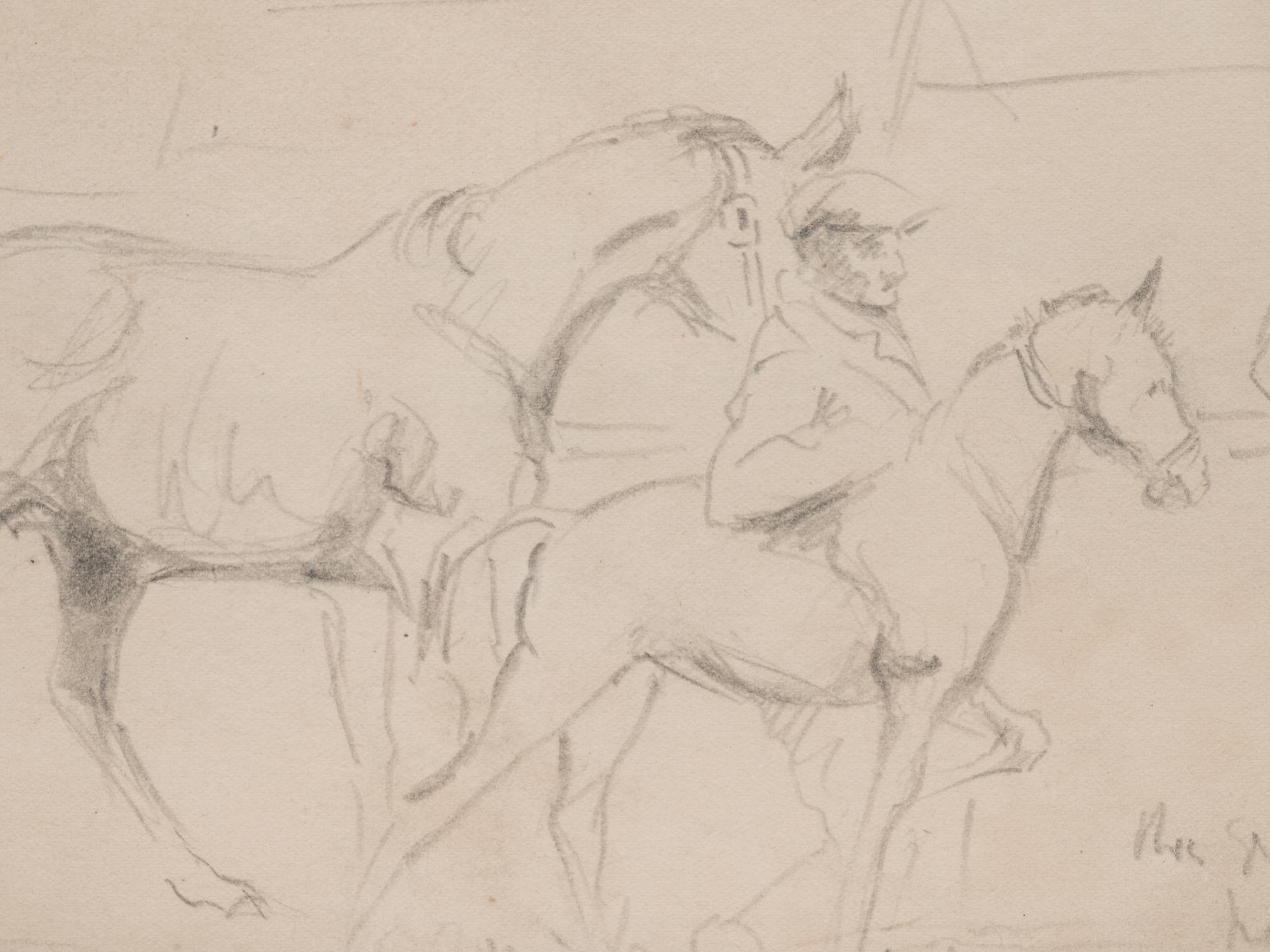 A Mare and Foal with a Groom and a Figure in the Background at Newmarket Sales