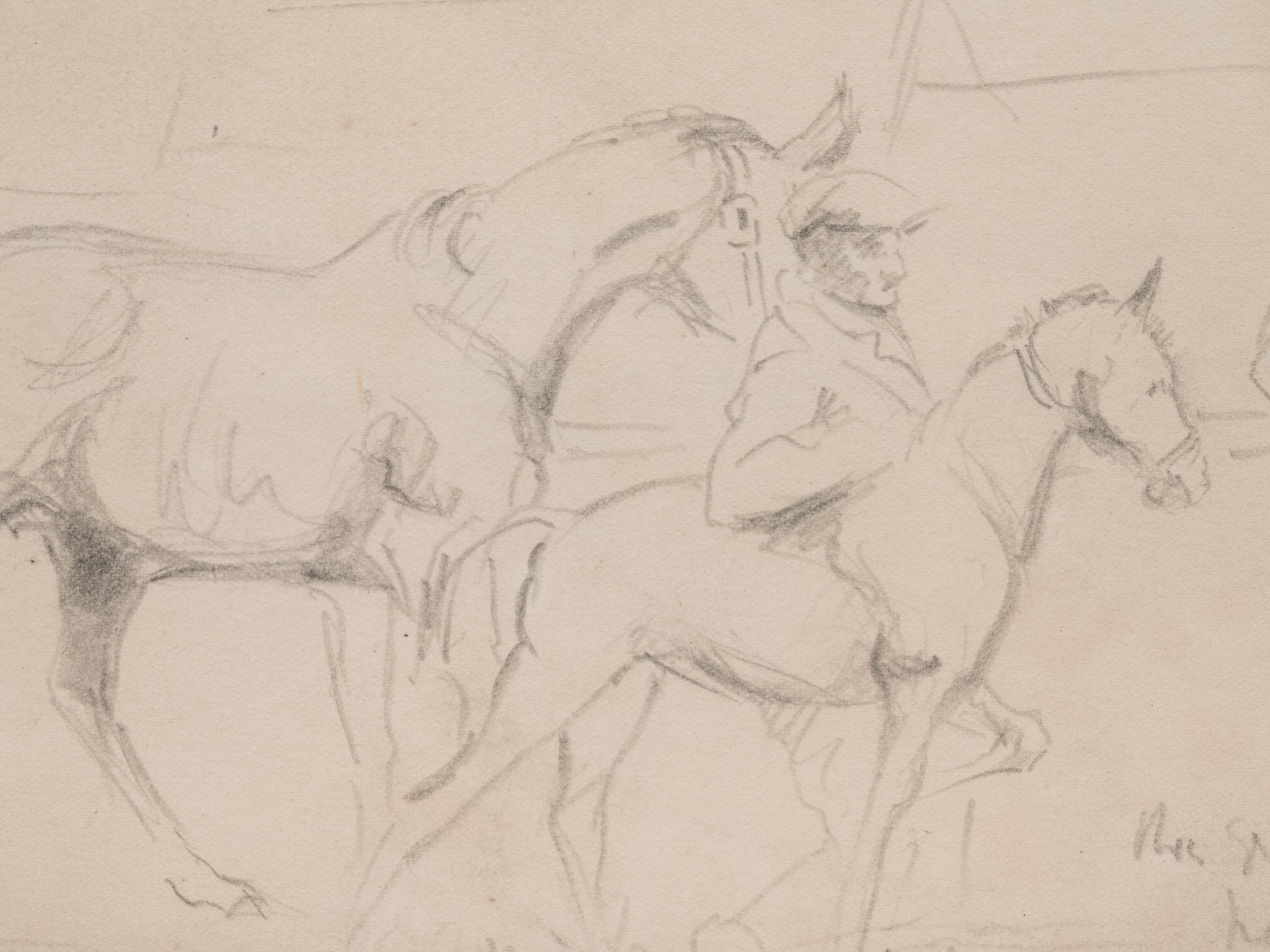 A Mare and Foal with a Groom and a Figure in the Background at Newmarket Sales