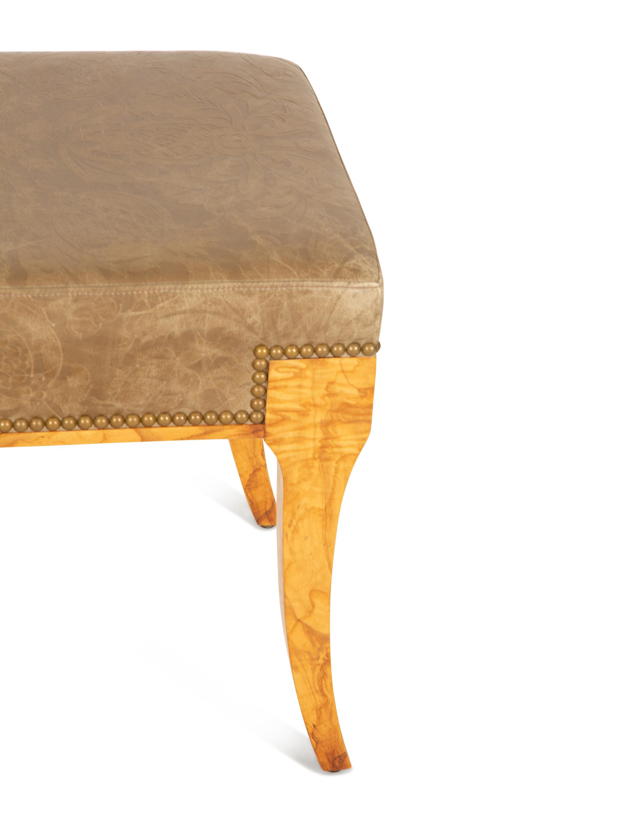 A William Switzer Burled Olivewood Bench with Tooled Leather Upholstered Seat — 20th Century