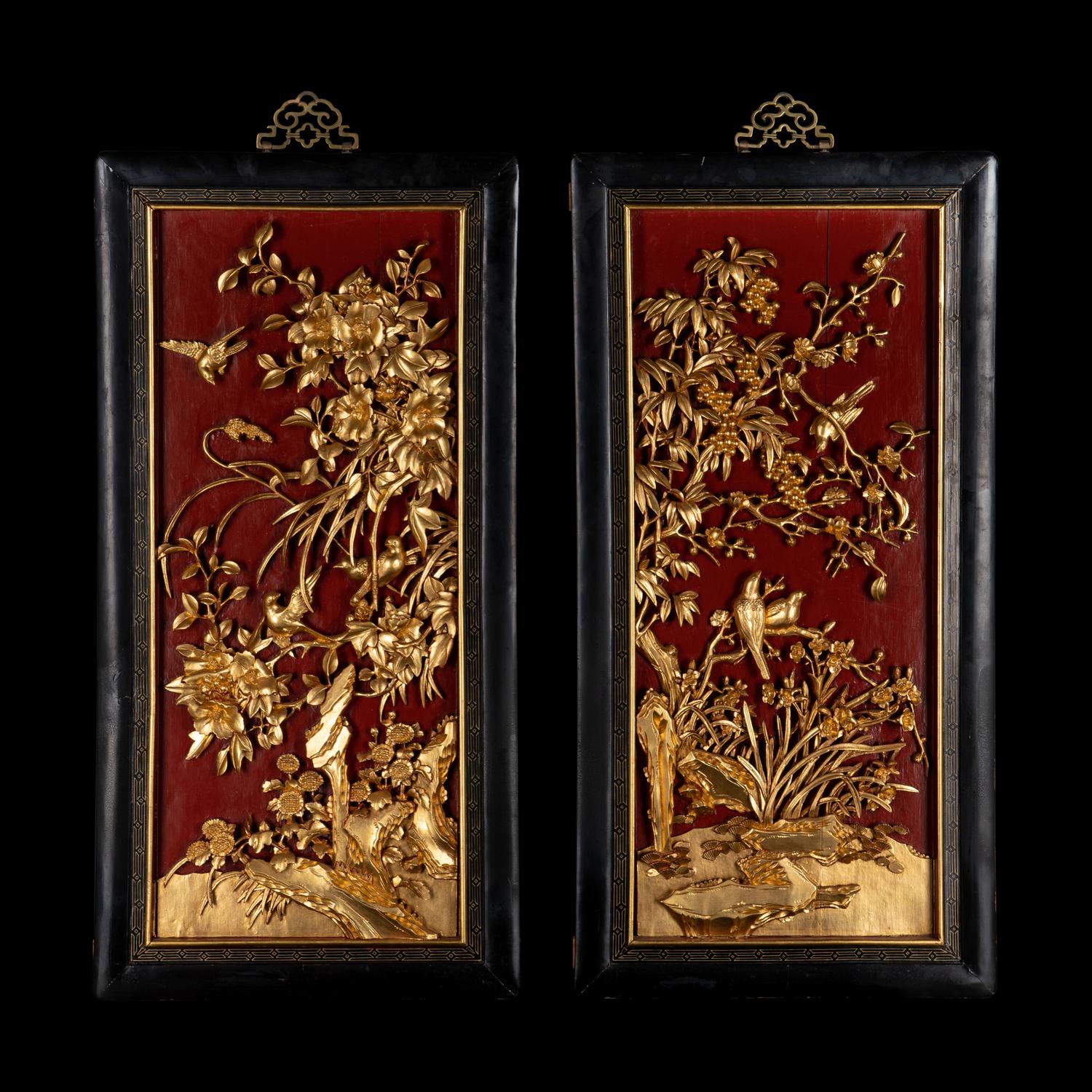 A Pair of Chinese Gilt and Red Lacquered Wood Wall Panels