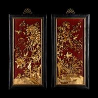 A Pair of Chinese Gilt and Red Lacquered Wood Wall Panels