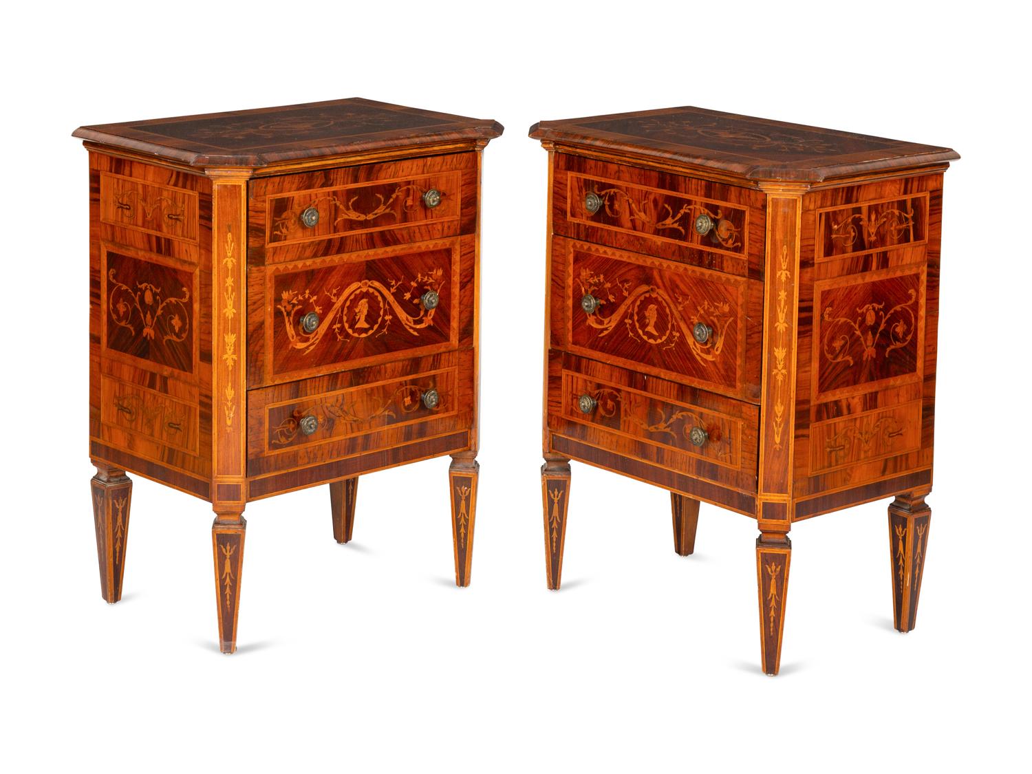A Pair of Italian Neoclassical Walnut and Marquetry Commodini in the Manner of Maggiolini