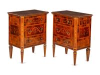 A Pair of Italian Neoclassical Walnut and Marquetry Commodini in the Manner of Maggiolini