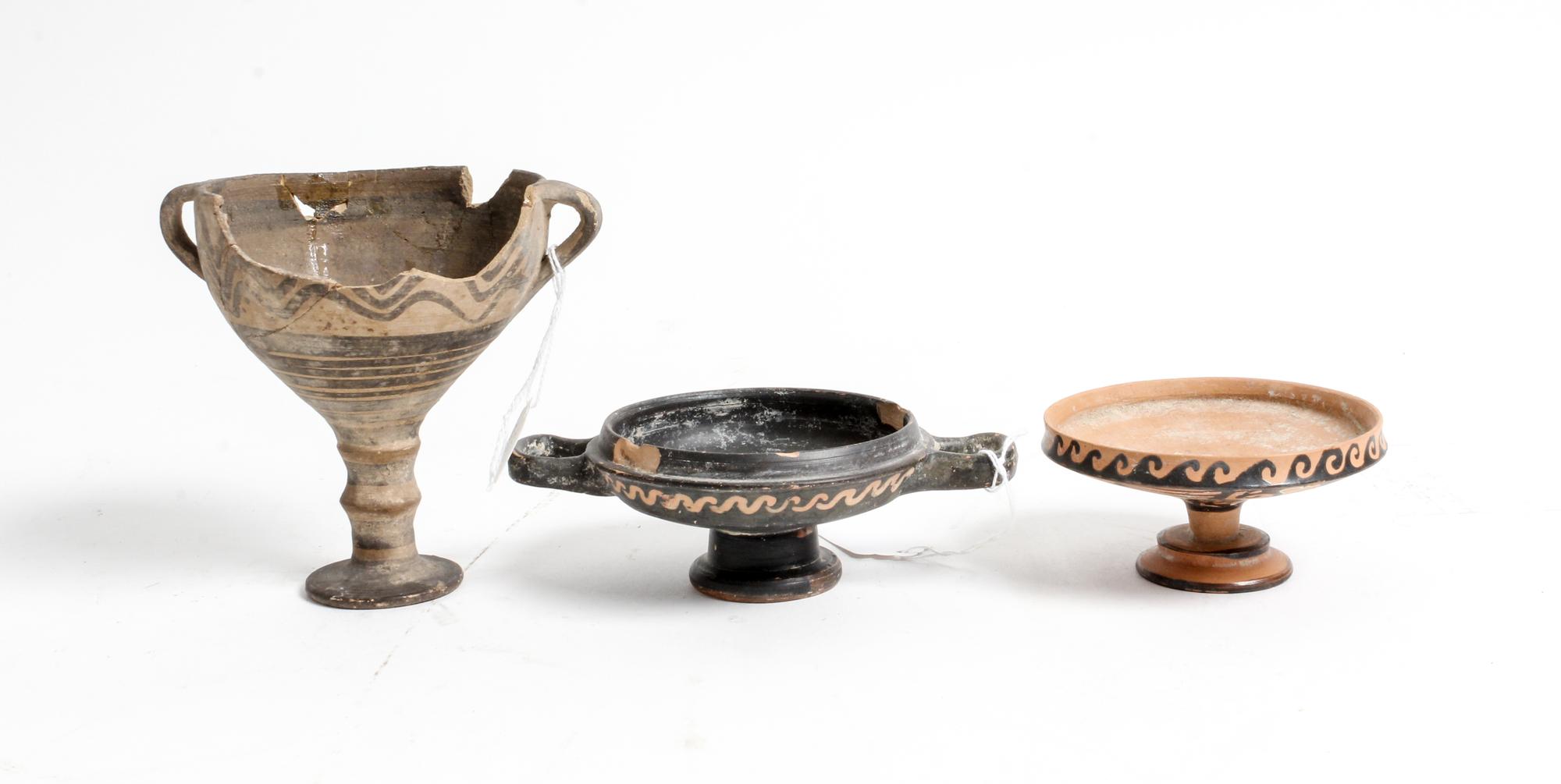A Group of Three Ancient Greek Ceramic Vases Width of widest 3 1/2 inches.