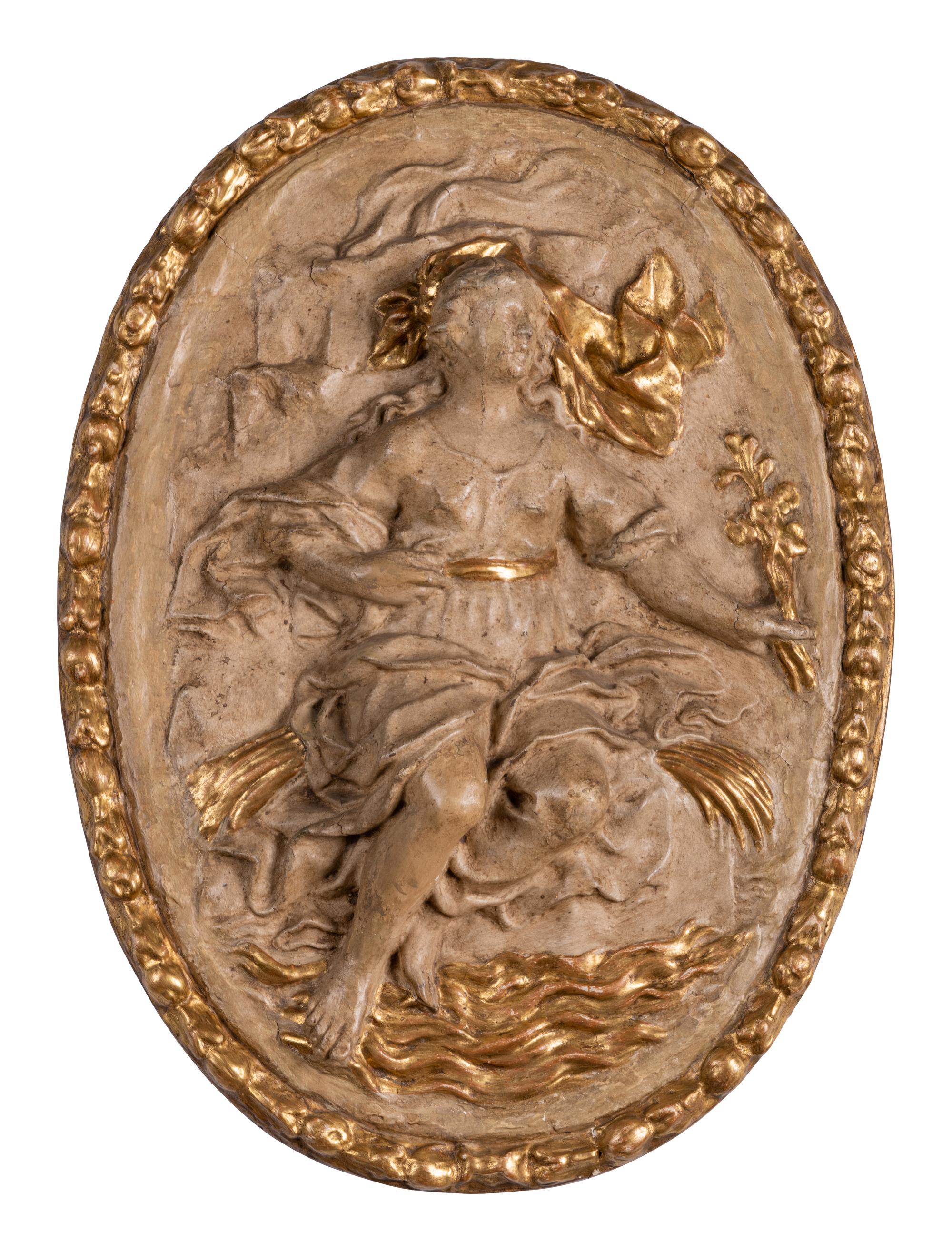 Four Italian Neoclassical Painted and Parcel-Gilt Papier-Mâché Relief Plaques