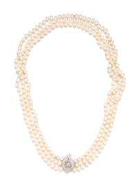 A Triple Strand Cultured Pearl Necklace with White Gold and Diamond Clasp,