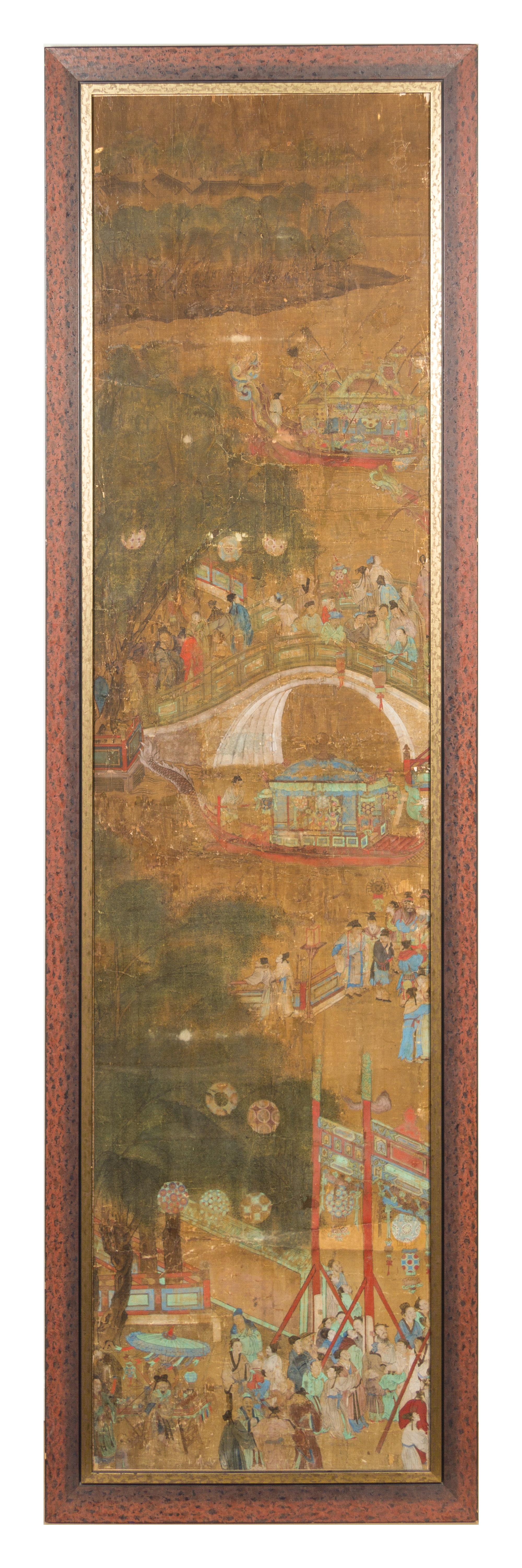 A Set of Six Chinese Ink and Color on Silk Panels MING DYNASTY 81 1/4 x 22 3/4 inches. — MING DYNASTY
