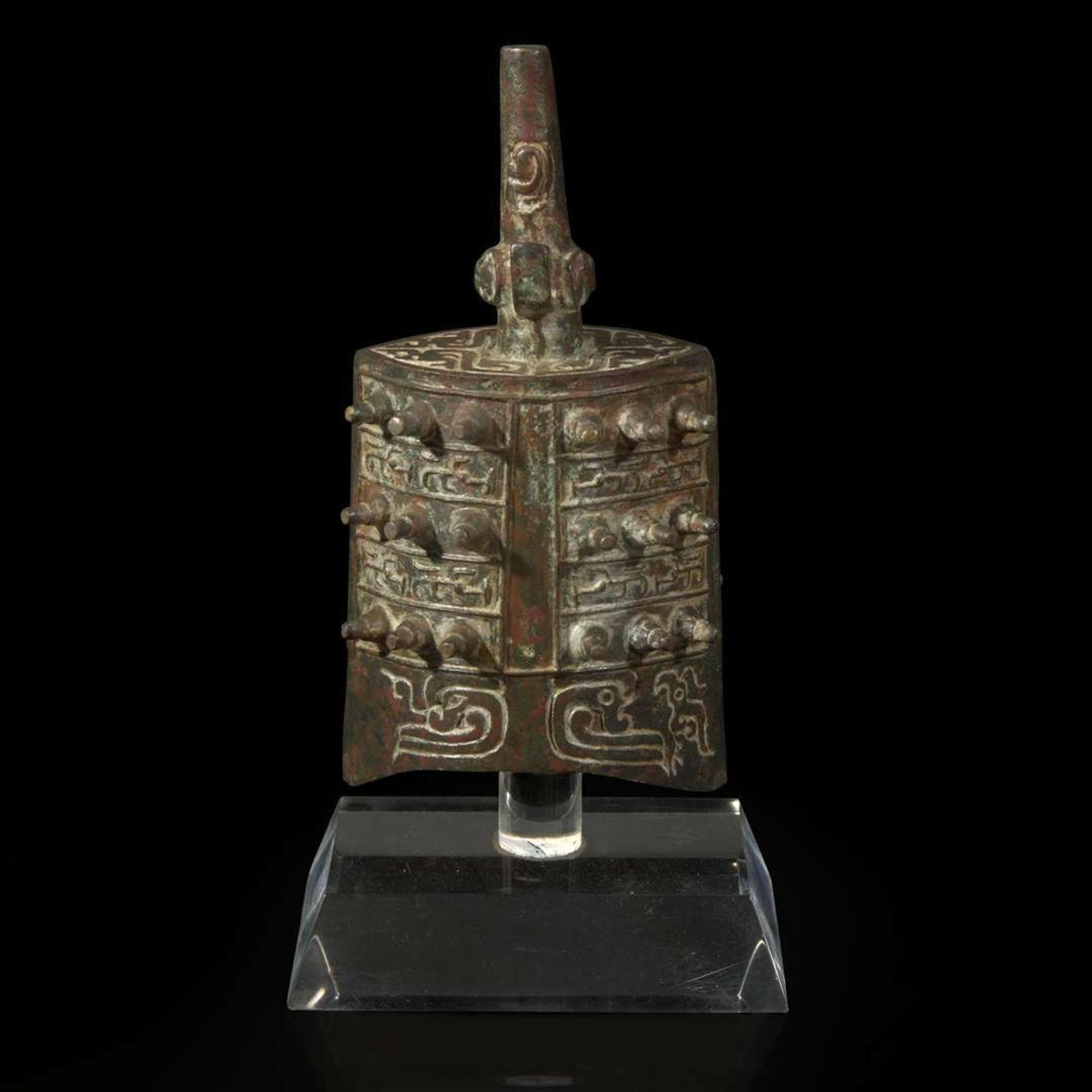 An unusual small Chinese patinated bronze bell, Yongzhong 青铜甬钟 Warring states period ??