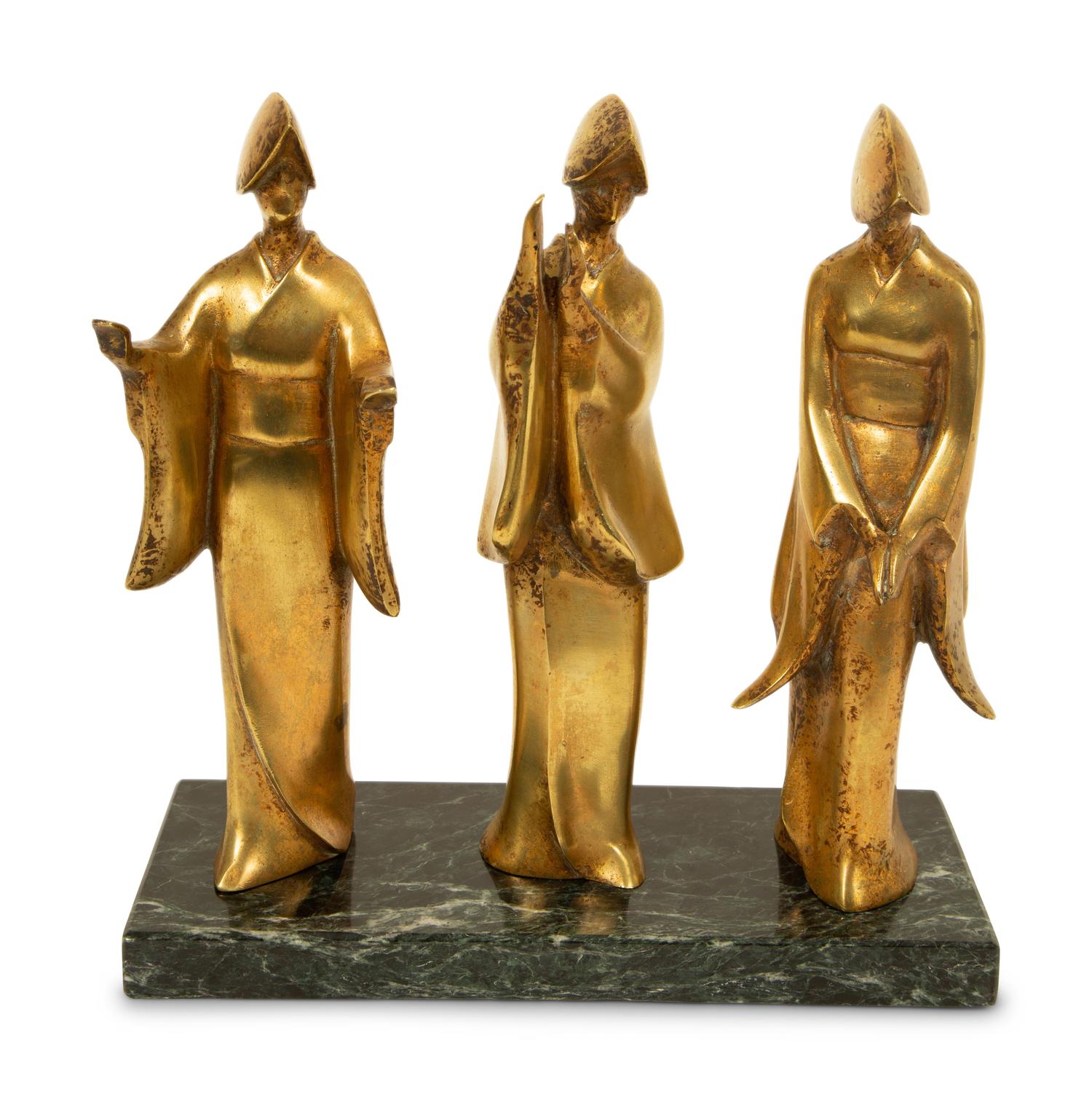 Three Japanese Brass Figures of Odori Dancers