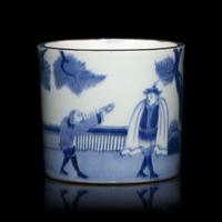 A Small Japanese Blue and White Porcelain ‘Nanban’ Brush Pot, Edo to Meiji Period — 日本江戶-明治時代 青花南蠻人物圖筆筒