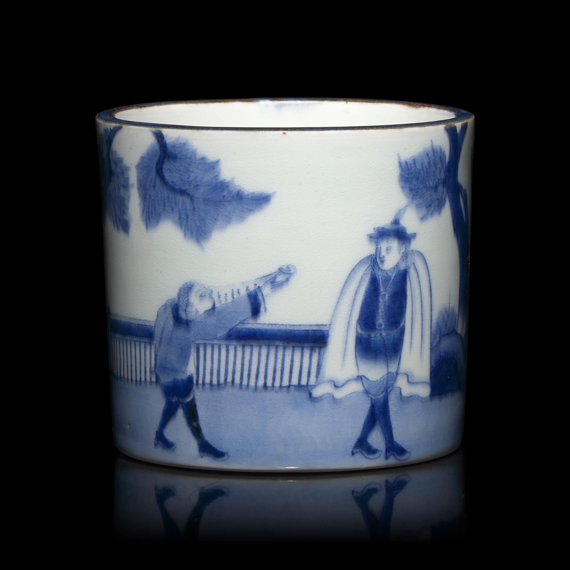 A Small Japanese Blue and White Porcelain ‘Nanban’ Brush Pot, Edo to Meiji Period — 日本江戶-明治時代 青花南蠻人物圖筆筒