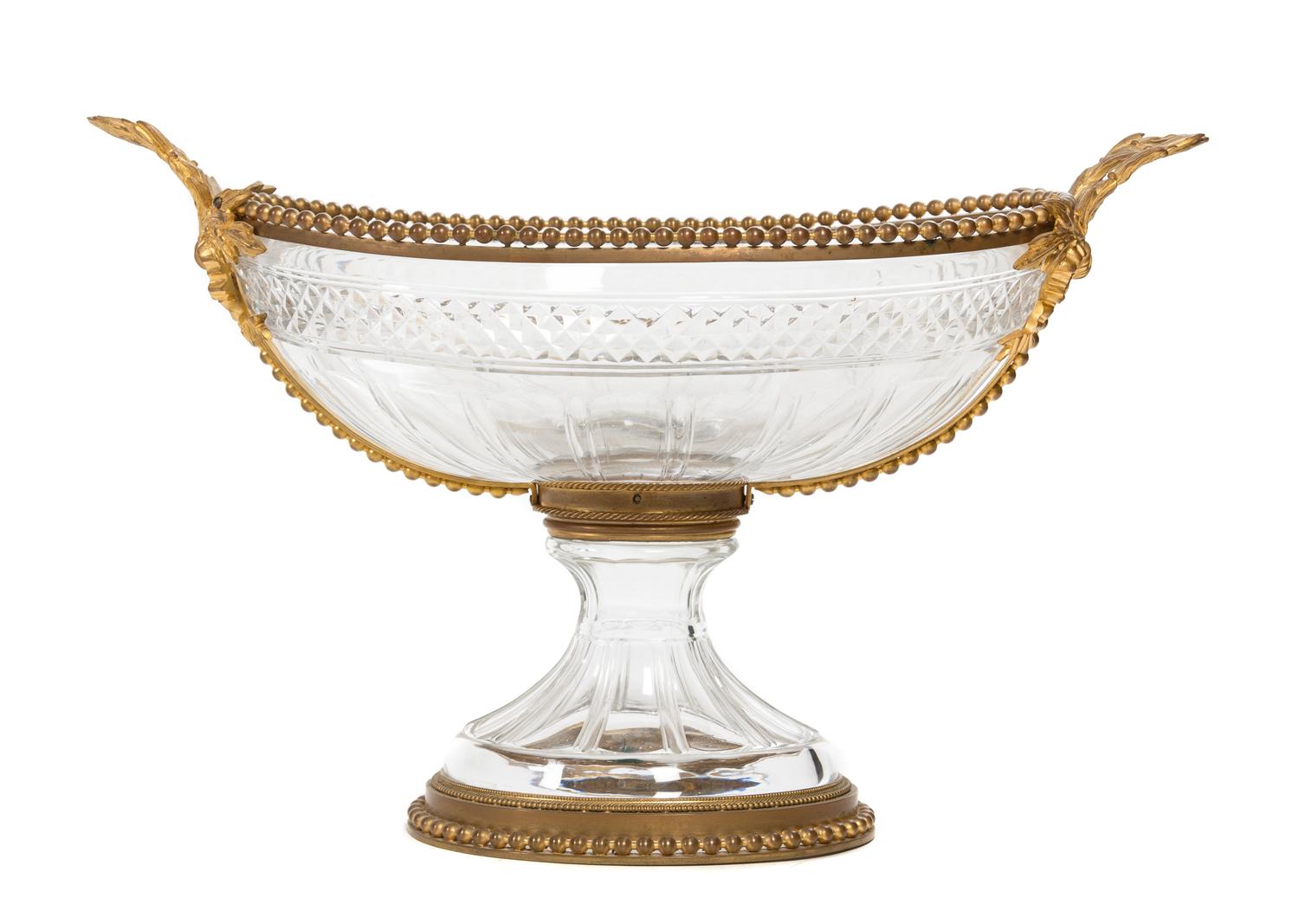 A Gilt Bronze Mounted Cut Glass Centerpiece Bowl Height 14 x width over handles 22 inches.