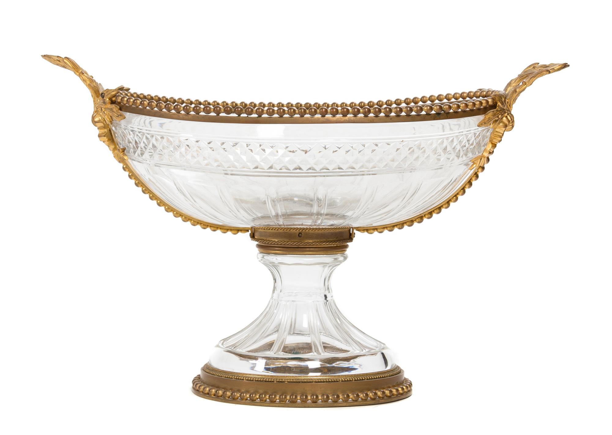 A Gilt Bronze Mounted Cut Glass Centerpiece Bowl Height 14 x width over handles 22 inches.