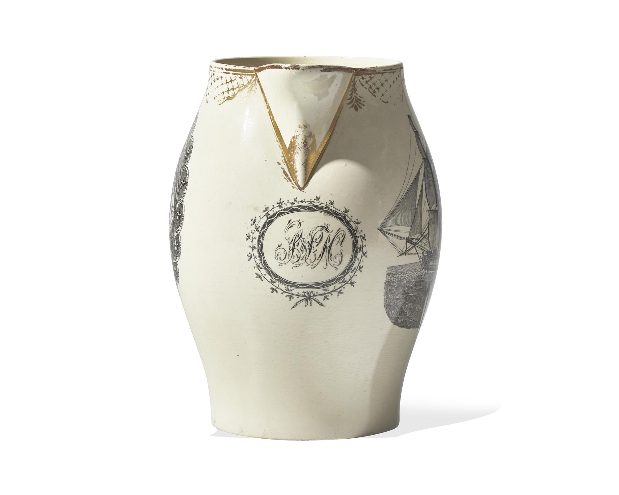 A Liverpool Gilt-Decorated and Transfer-Printed Creamware Presentation Pitcher, Early 19th Century