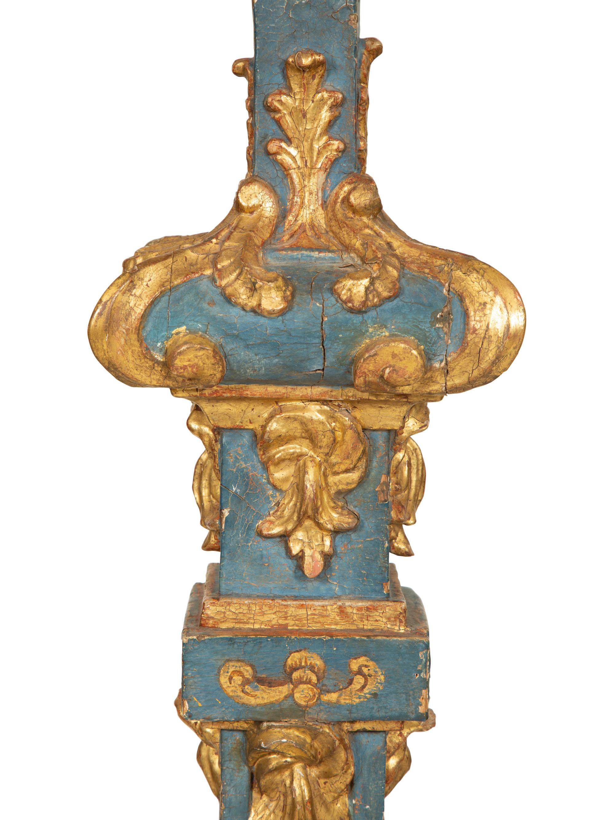 A Pair of Italian Baroque Blue-Painted and Parcel-Gilt Pedestals