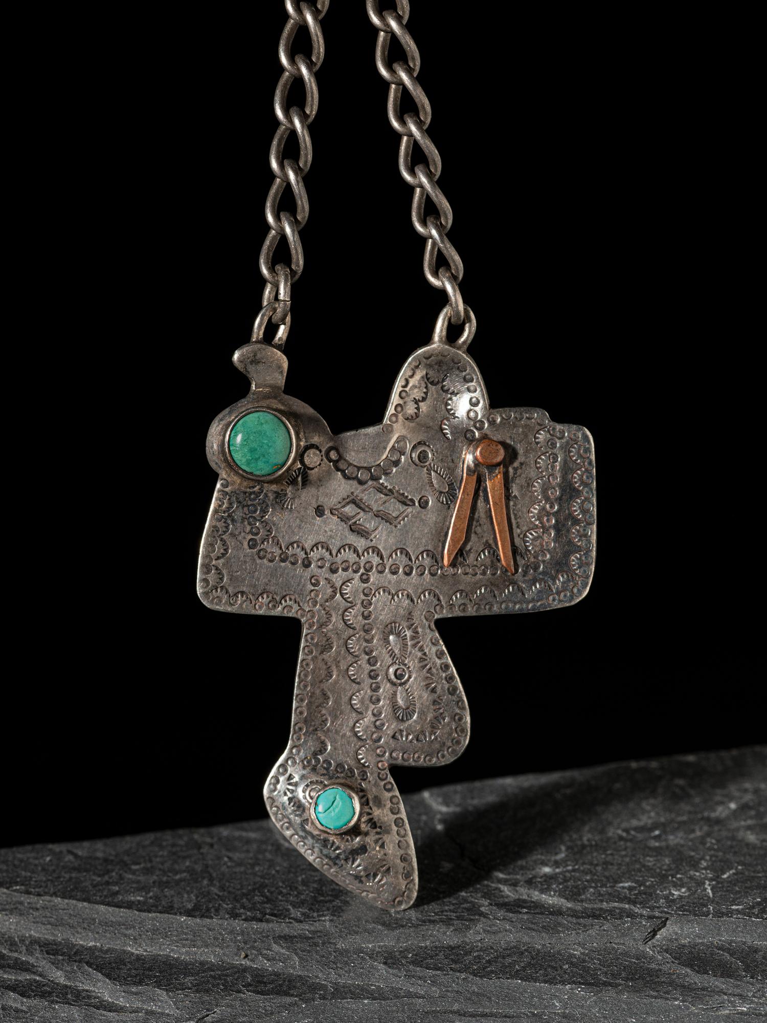 Fred Harvey Era Stamped Silver Saddle Watch Fob, with Turquoise and Copper Accents