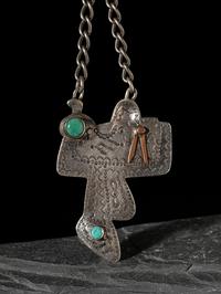 Fred Harvey Era Stamped Silver Saddle Watch Fob, with Turquoise and Copper Accents