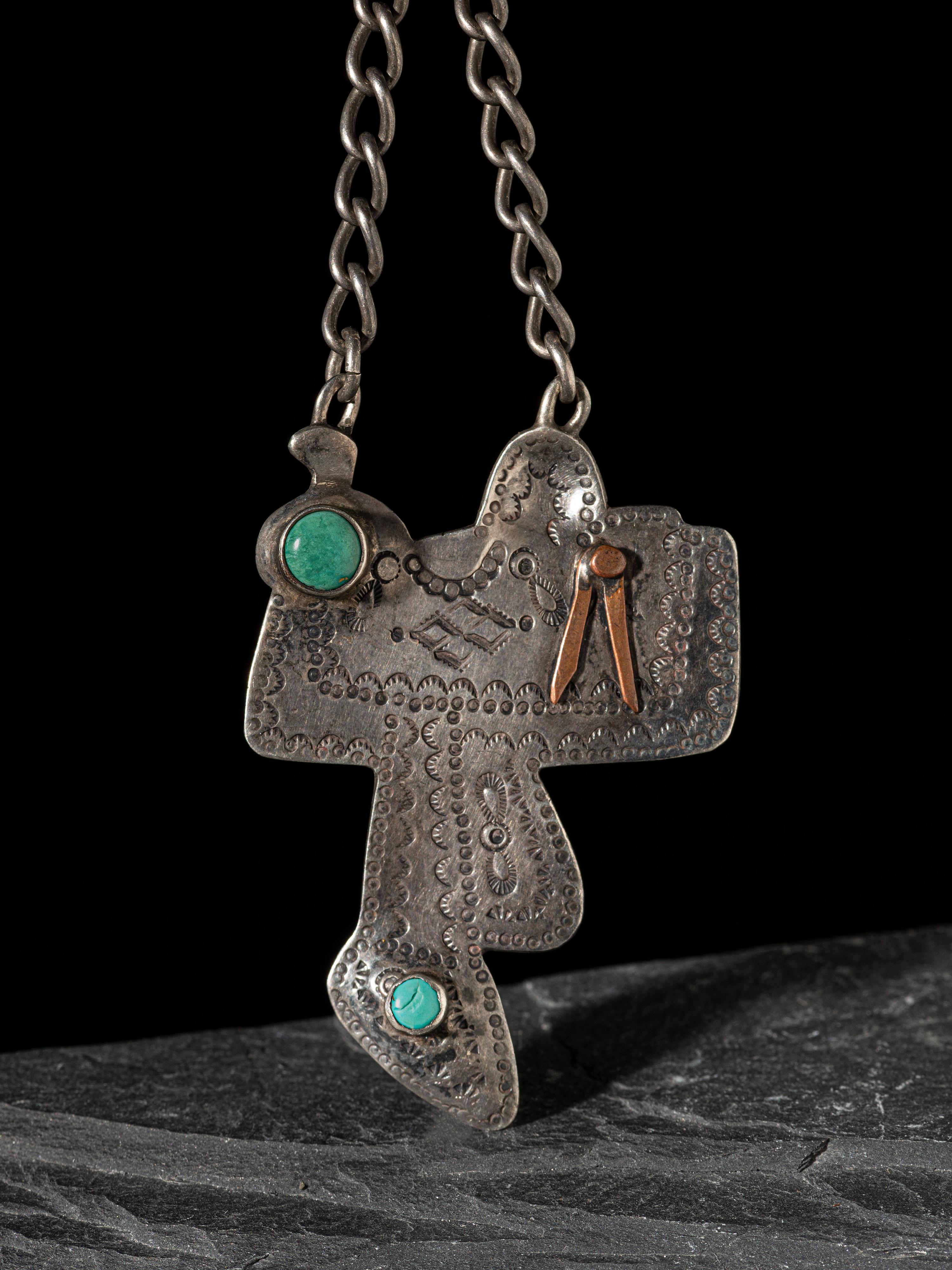 Fred Harvey Era Stamped Silver Saddle Watch Fob, with Turquoise and Copper Accents