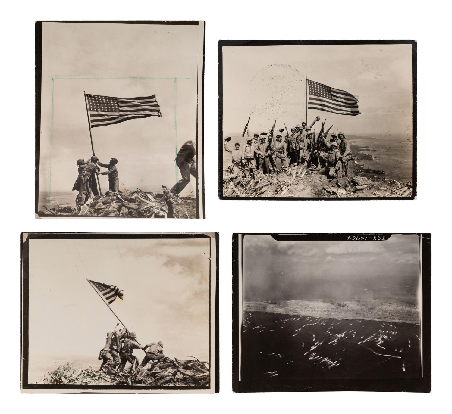 ROSENTHAL, Joe (1911-2006). Flag Raising on Mt. Suribachi, Iwo Jima. -- Aerial View of a Pacific Island. -- The 28th Regiment Atop Mt. Suribachi. -- Four Marines with Flag, Mr. Suribachi. 1945.