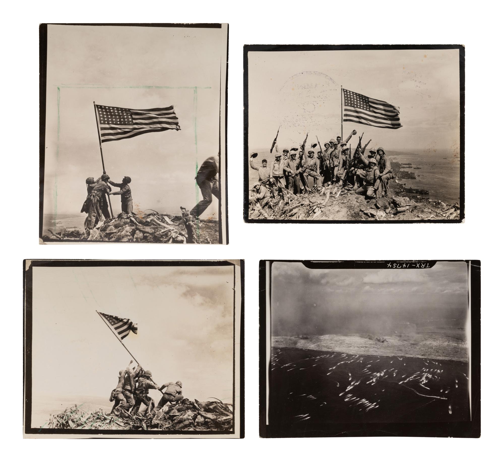 ROSENTHAL, Joe (1911-2006). Flag Raising on Mt. Suribachi, Iwo Jima. -- Aerial View of a Pacific Island. -- The 28th Regiment Atop Mt. Suribachi. -- Four Marines with Flag, Mr. Suribachi. 1945.