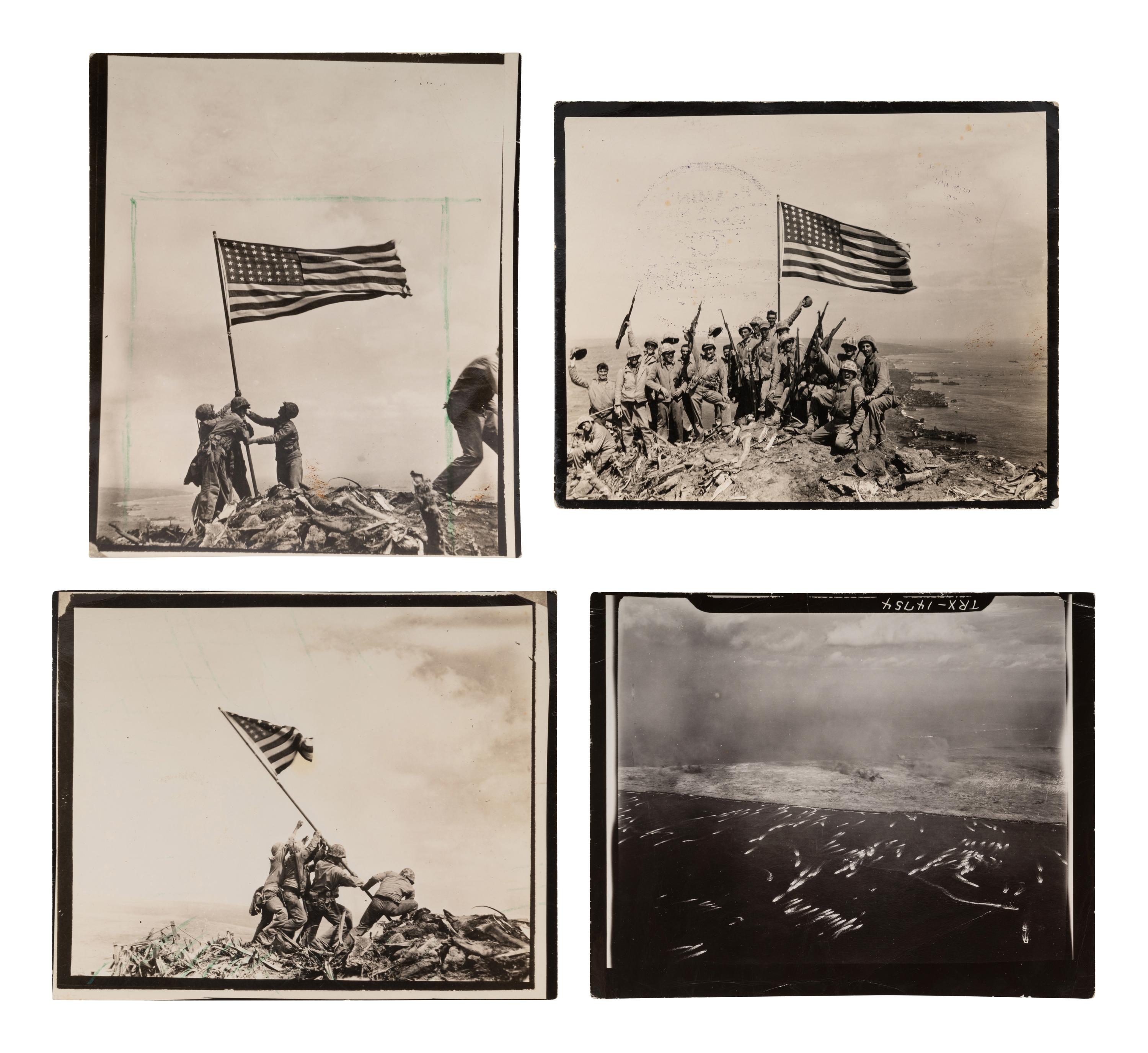 ROSENTHAL, Joe (1911-2006). Flag Raising on Mt. Suribachi, Iwo Jima. -- Aerial View of a Pacific Island. -- The 28th Regiment Atop Mt. Suribachi. -- Four Marines with Flag, Mr. Suribachi. 1945.
