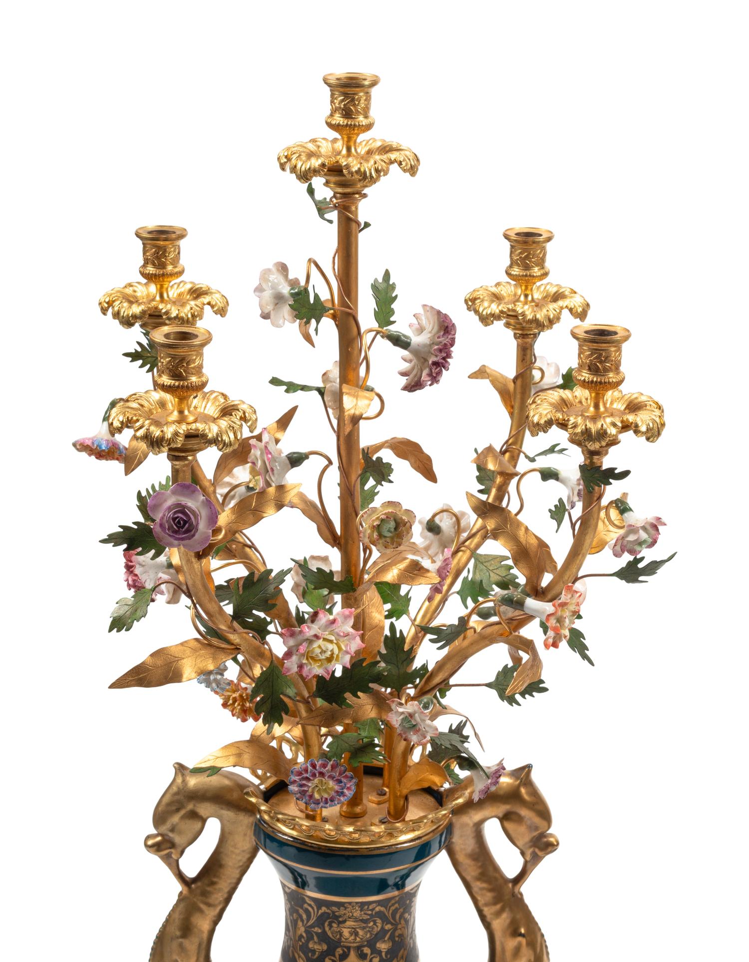 A Pair of Large Continental Gilt Bronze and Porcelain Five-Light Candelabra