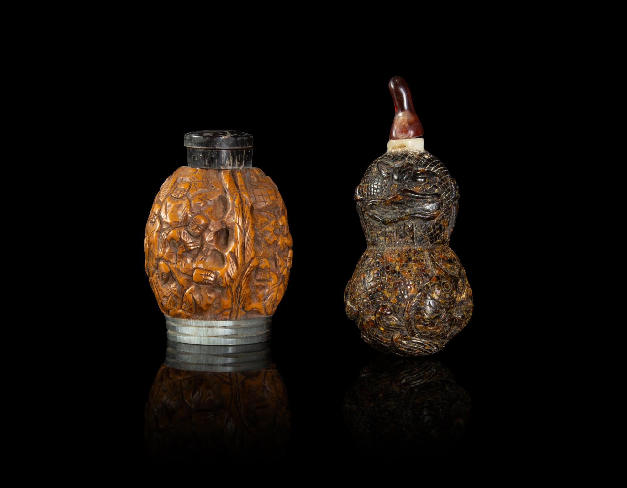 Two Chinese Carved Walnut Snuff Bottles