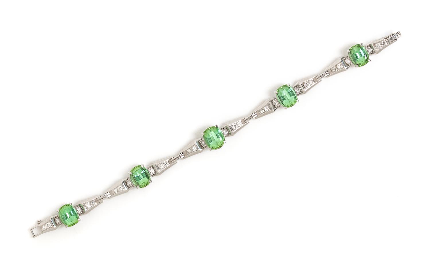 A Platinum, Green Tourmaline and Diamond Bracelet, 16.00 dwts.
