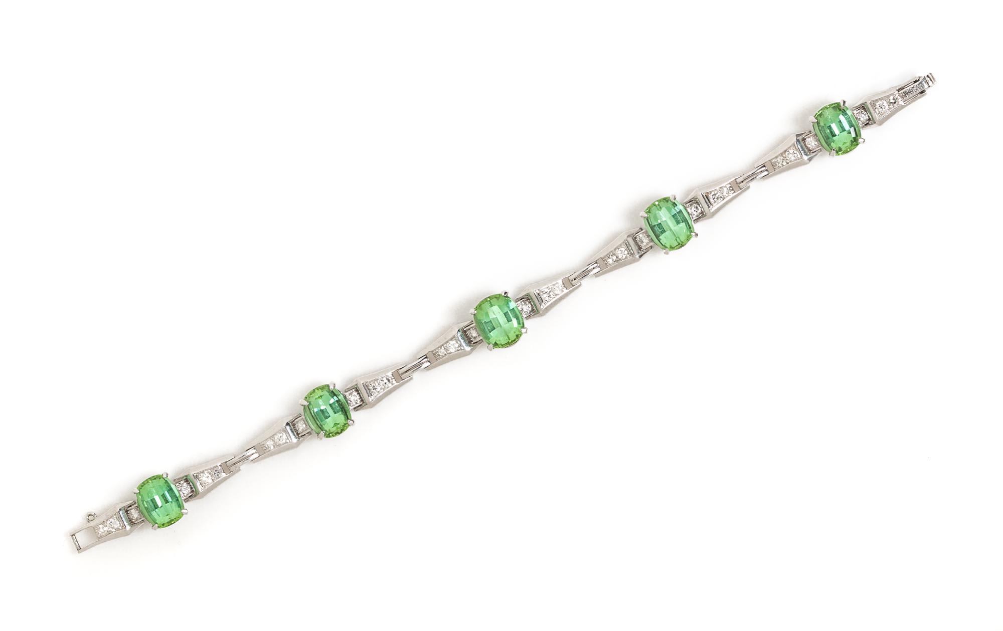 A Platinum, Green Tourmaline and Diamond Bracelet, 16.00 dwts.