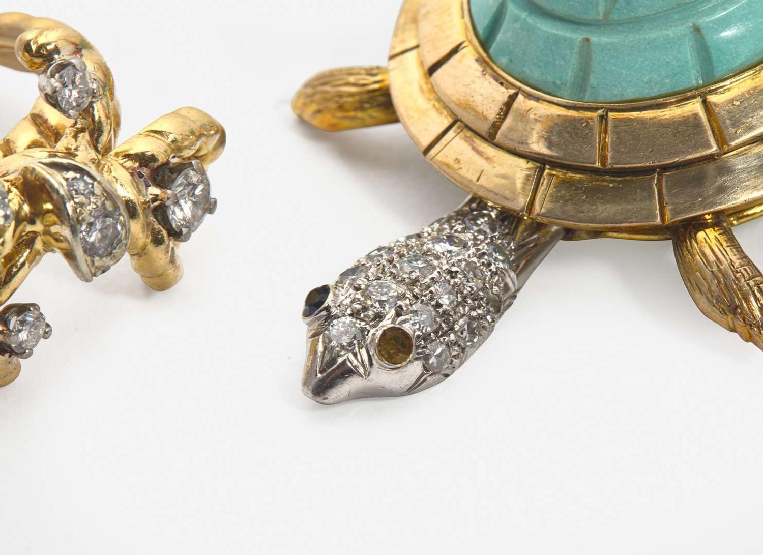 A Gold and Gemstone Turtle Pin and Diamond Ring