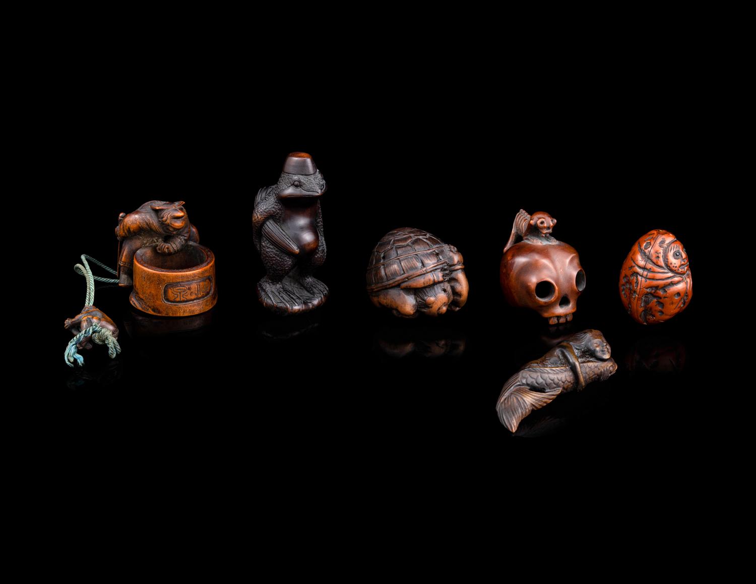 Six Japanese Carved Wood Netsuke