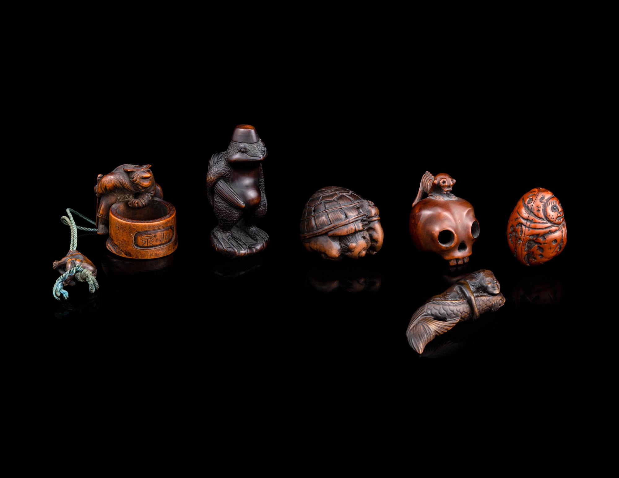 Six Japanese Carved Wood Netsuke
