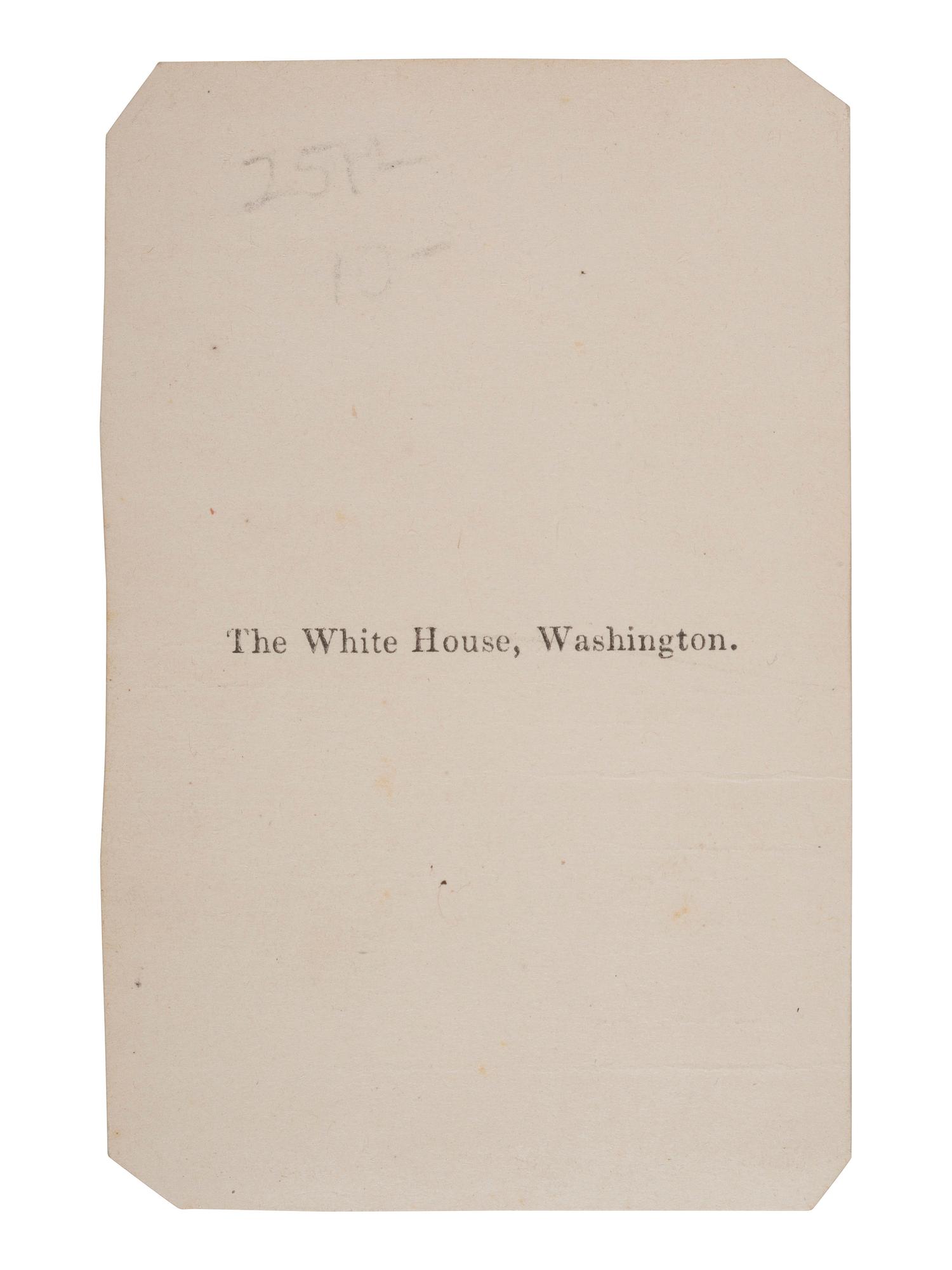 [LINCOLN WHITE HOUSE]. [WARREN, Henry F., photog., attrib.]. CDV of the White House possibly showing Tad Lincoln in the foreground. [Washington, DC, 6 March 1865].