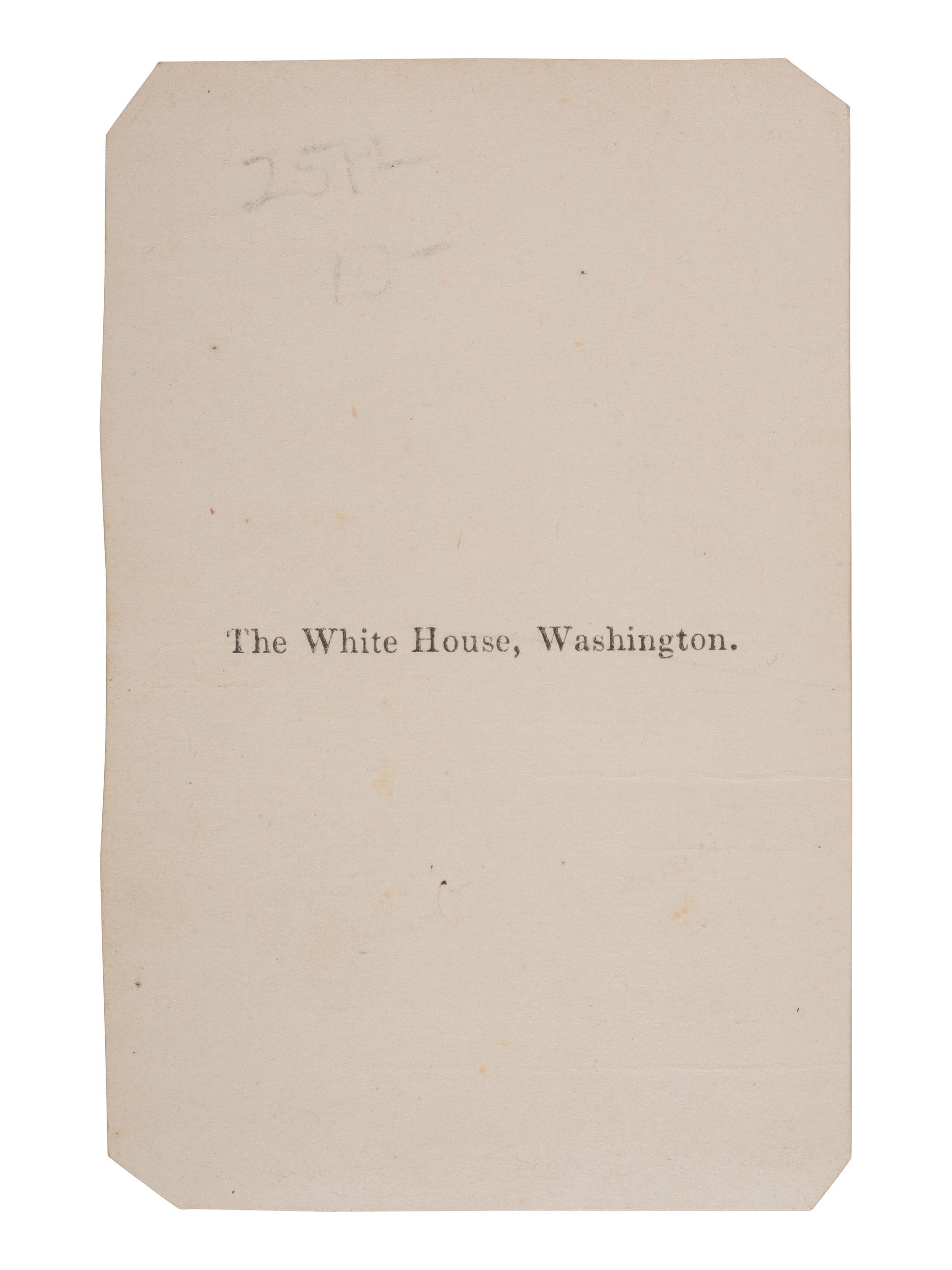 [LINCOLN WHITE HOUSE]. [WARREN, Henry F., photog., attrib.]. CDV of the White House possibly showing Tad Lincoln in the foreground. [Washington, DC, 6 March 1865].