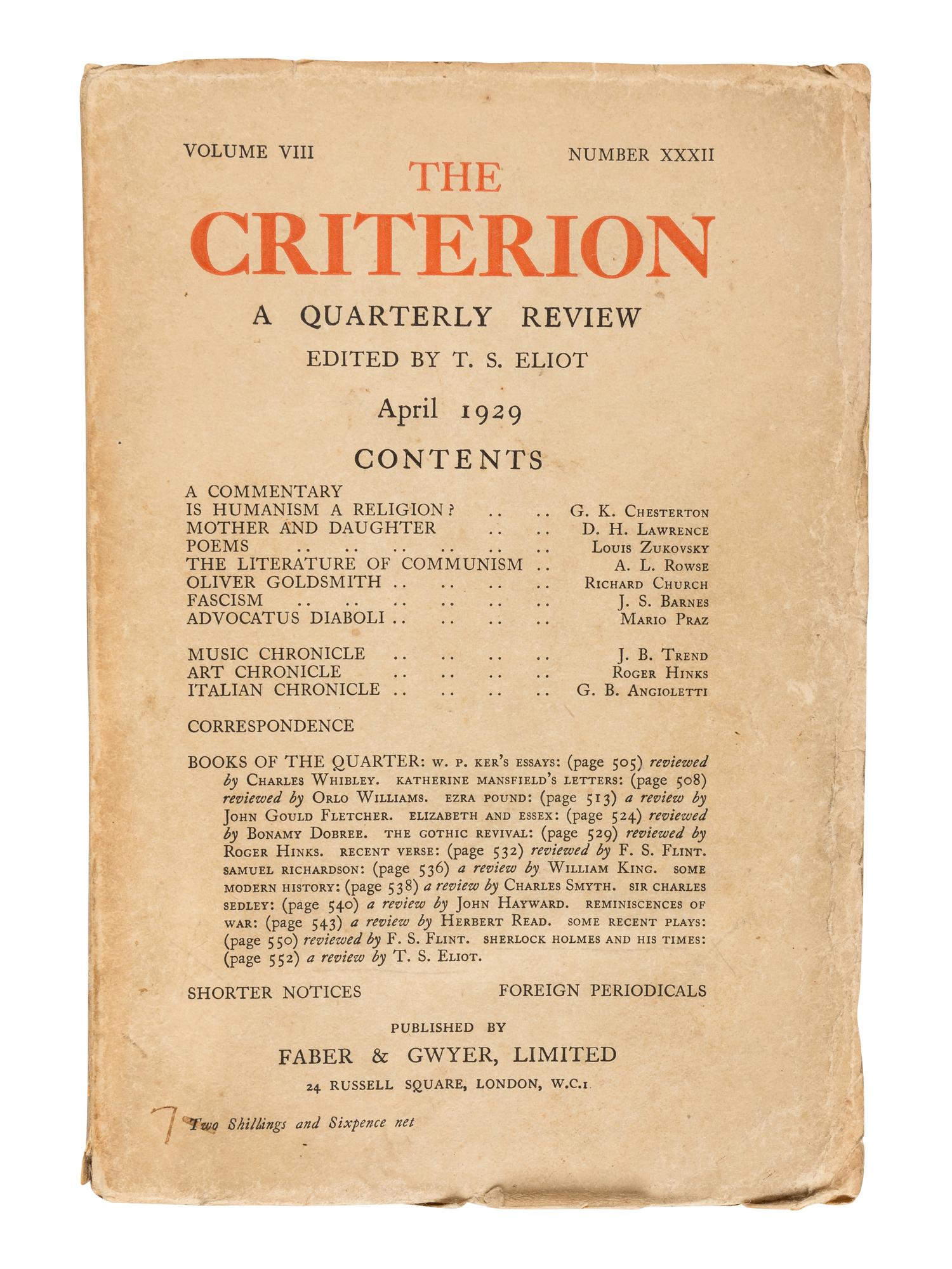 ELIOT, T.S., editor. The Criterion . London: R. Cobden Sanderson, Faber & Gwyer et al. October 1922-January 1939.