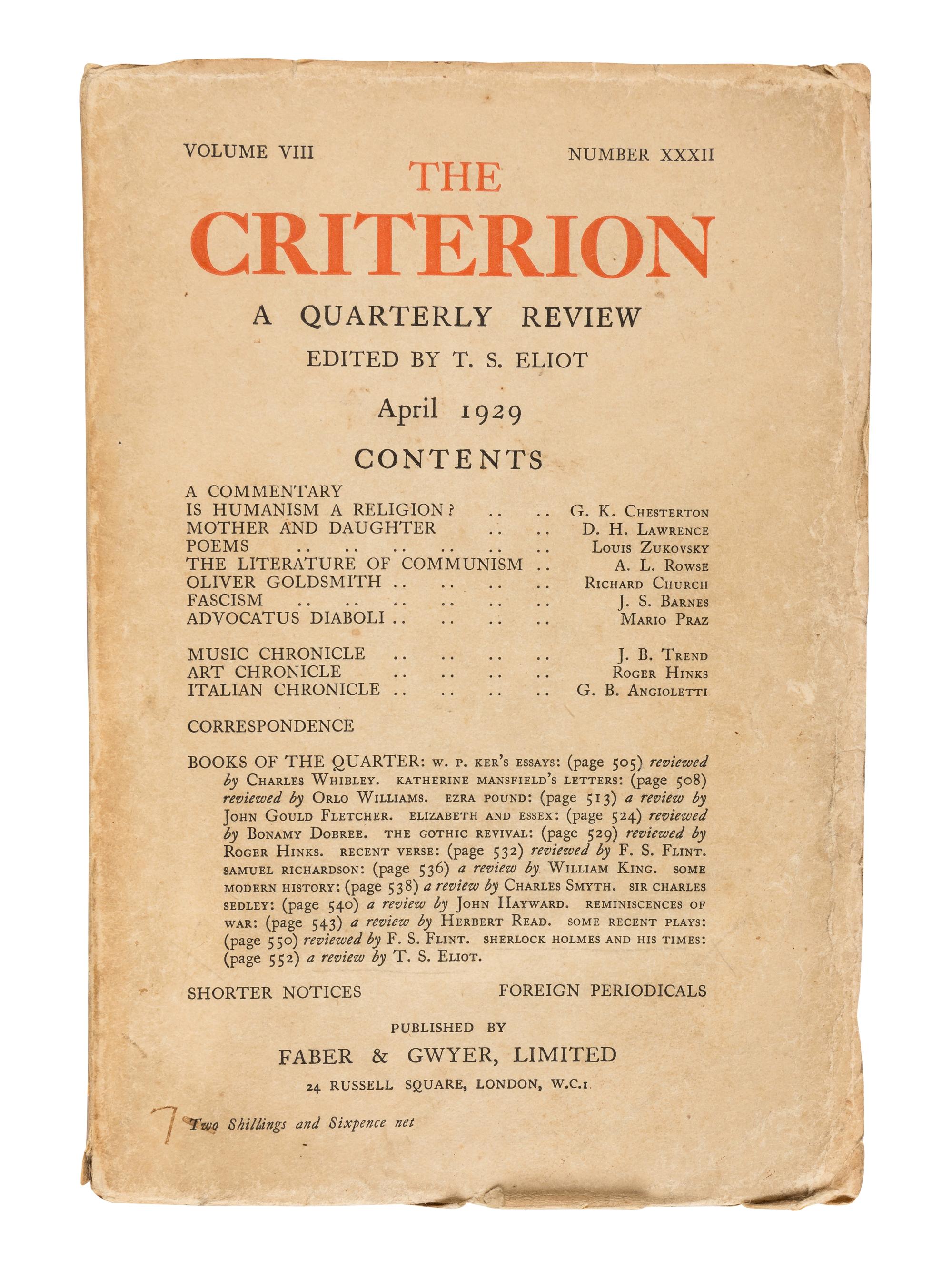 ELIOT, T.S., editor. The Criterion . London: R. Cobden Sanderson, Faber & Gwyer et al. October 1922-January 1939.