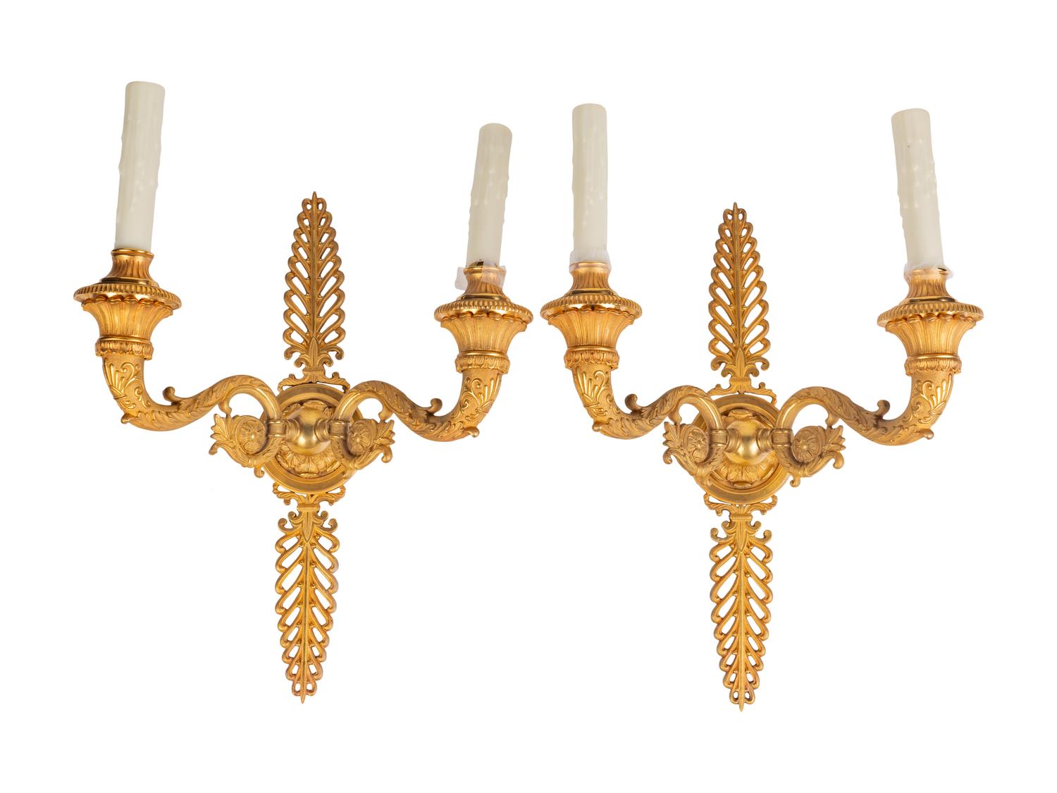 A Pair of French Gilt Bronze Two-Light Wall Sconces