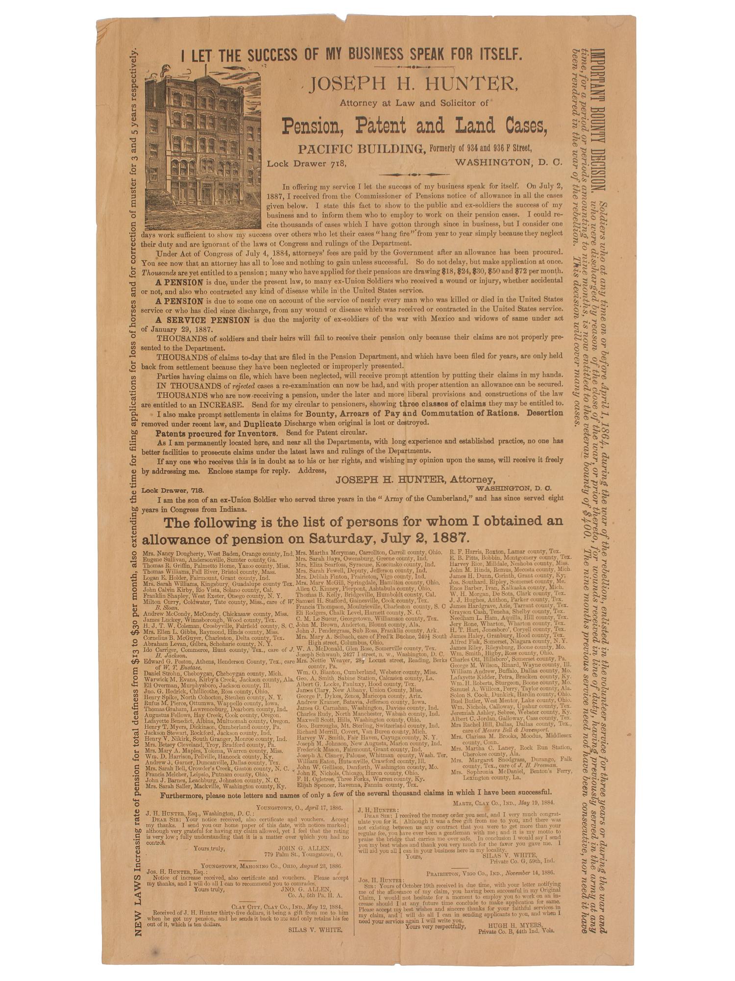 [CIVIL WAR]. Post-war broadside regarding Civil War soldiers' pensions. Washington, DC: 1887.