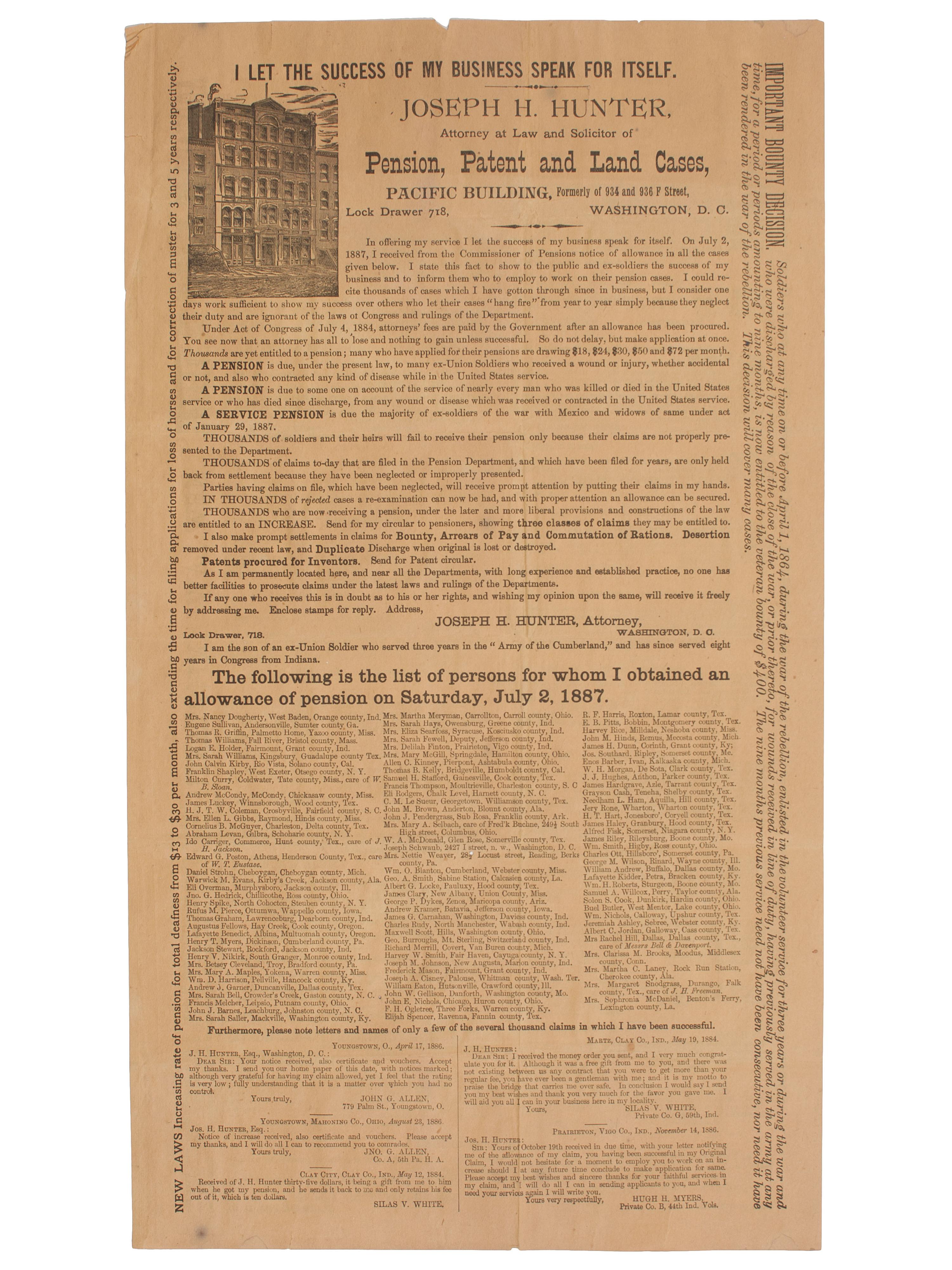 [CIVIL WAR]. Post-war broadside regarding Civil War soldiers' pensions. Washington, DC: 1887.