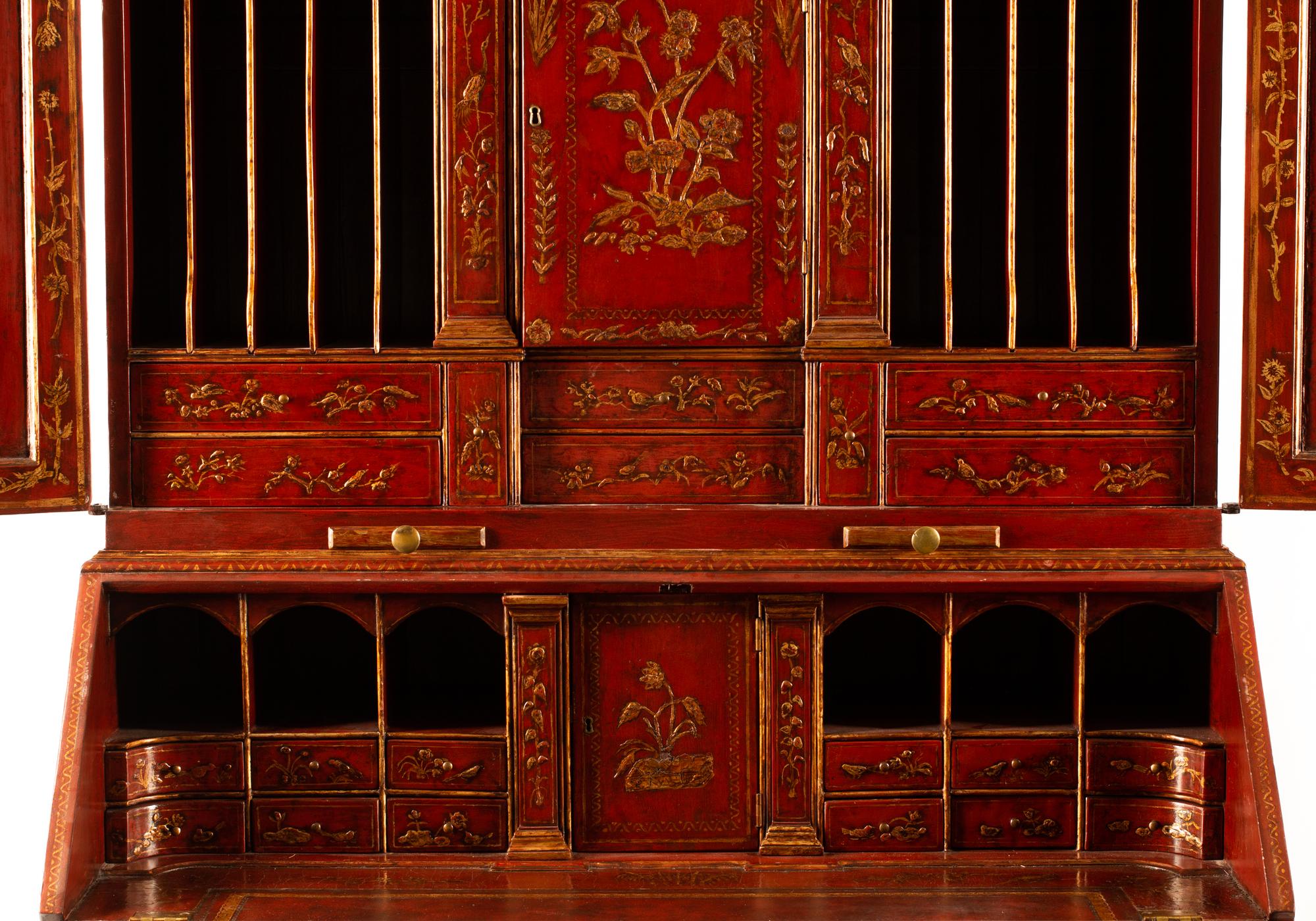 A George II Style Red Lacquered Chinoiserie Secretary Bookcase — 20TH CENTURY